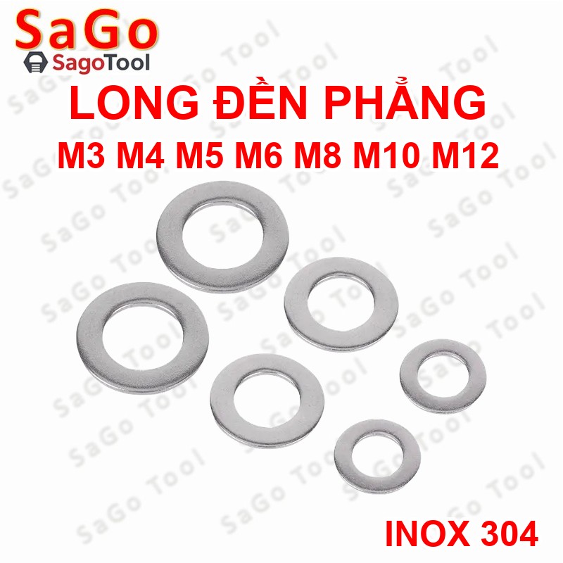 Vòng đệm, Long Đền phẳng INOX 304 cho ốc lục giác M3, M4, M5, M6, M8, M10, M12 - Ảnh 2