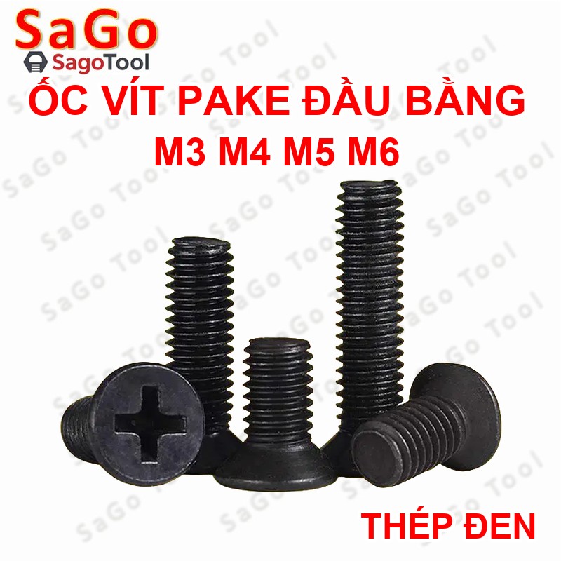 Ốc Vít pake đầu bằng thép mạ đen M3 M4 M5 M6 Bu lông thép đen đầu bằng 20 con - Ảnh 2