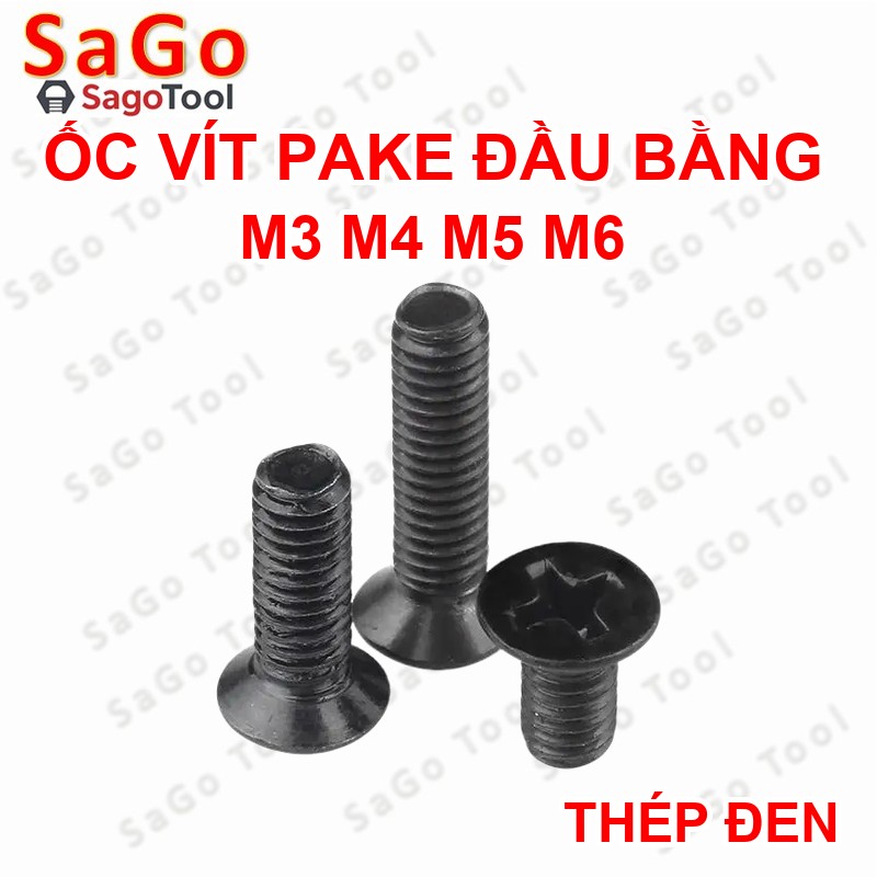 Ốc Vít pake đầu bằng thép mạ đen M3 M4 M5 M6 Bu lông thép đen đầu bằng 20 con - Ảnh 3