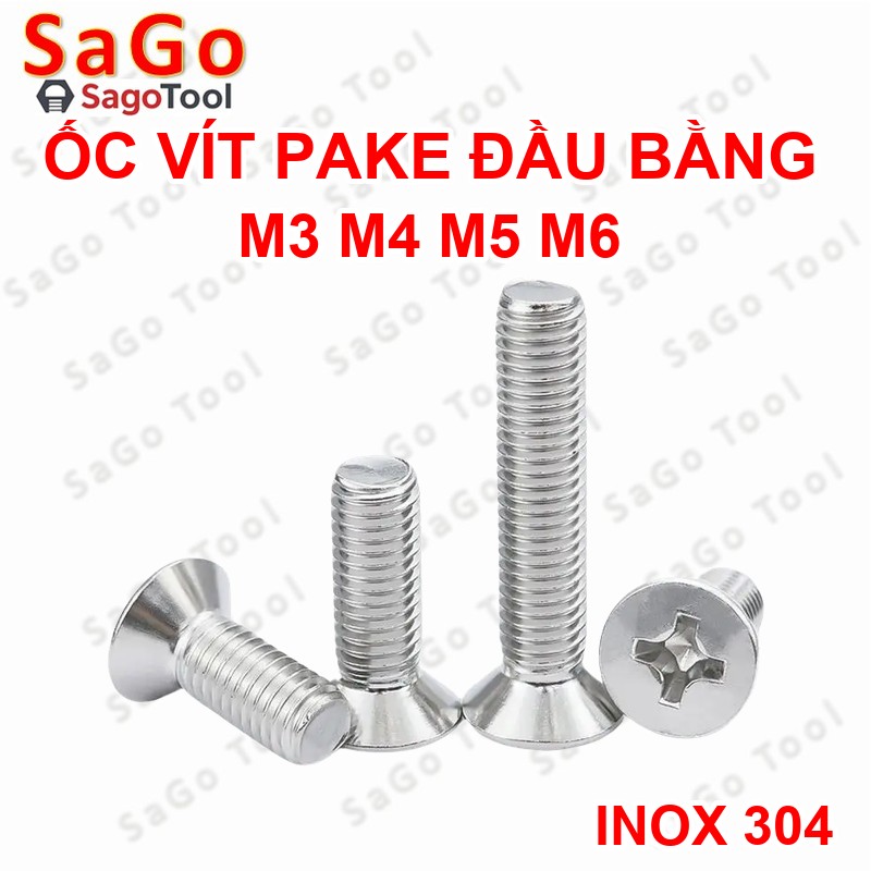 Ốc Vít inox pake đầu bằng INOX 304 M3 M4 M5 M6 Bu lông inox đầu bằng 10 con - Ảnh 2