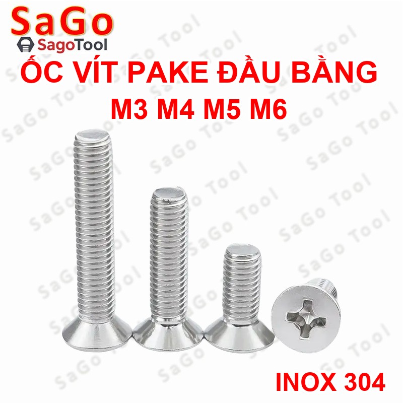 Ốc Vít inox pake đầu bằng INOX 304 M3 M4 M5 M6 Bu lông inox đầu bằng 10 con - Ảnh 3