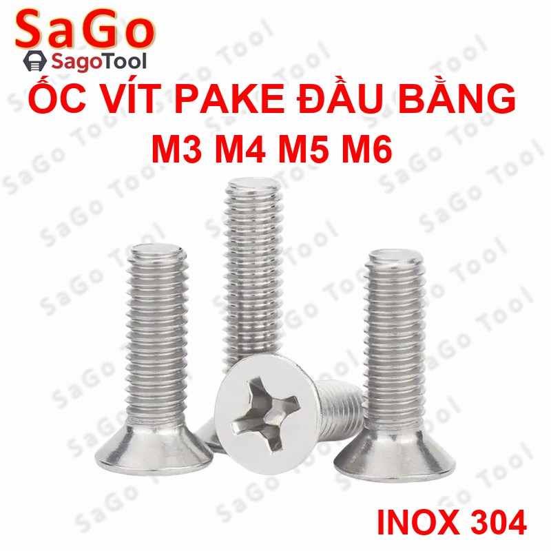 Ốc Vít inox pake đầu bằng INOX 304 M3 M4 M5 M6 Bu lông inox đầu bằng 10 con - Ảnh 5