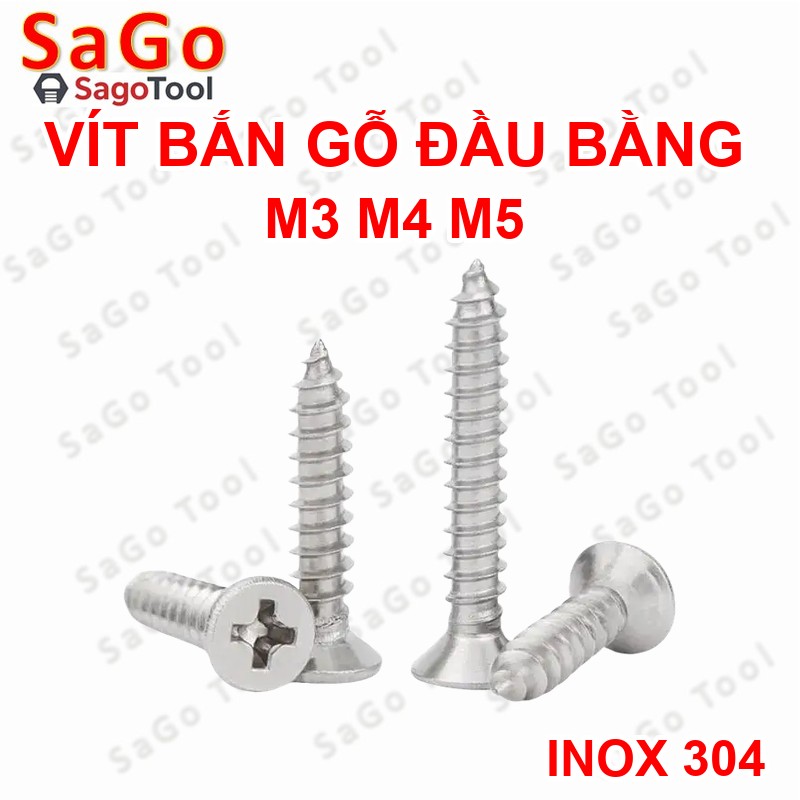 Vít răng thưa bắn gỗ, vít bắt tắc kê inox 304 đầu bằng size M3 M4 M5 - Ảnh 2