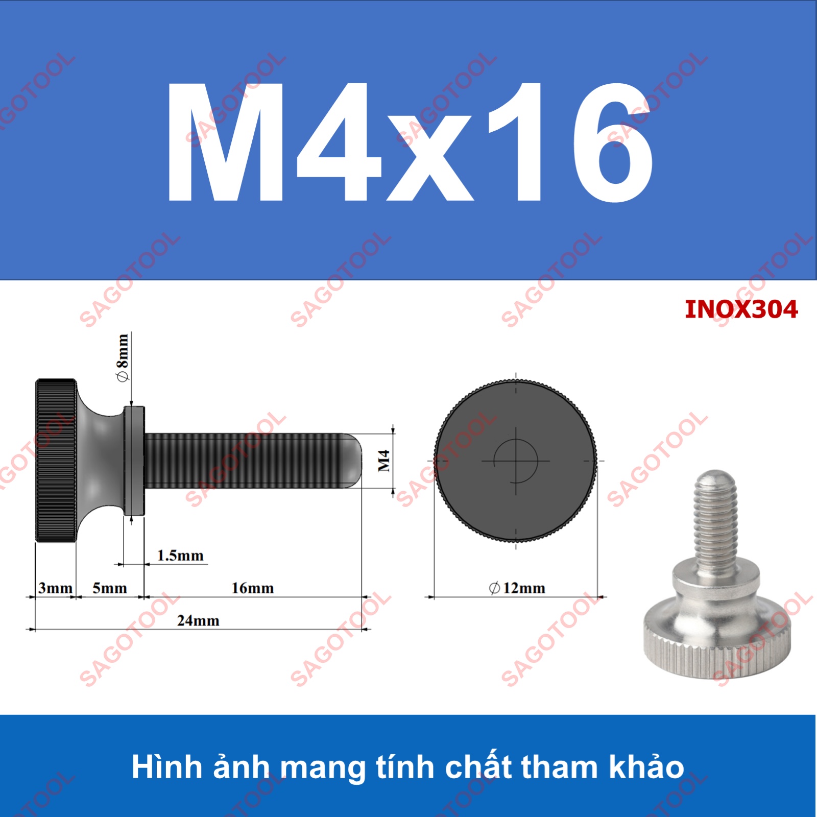 Núm vặn ren ngoài, bu lông vặn tay Inox 304 size M3 M4 M5 M6 M8 - Ảnh 8