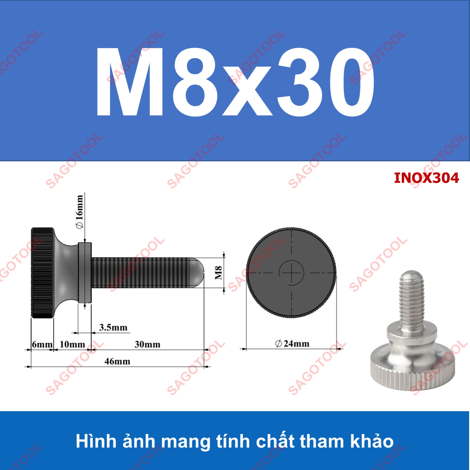 Núm vặn ren ngoài, bu lông vặn tay Inox 304 size M3 M4 M5 M6 M8 - Ảnh 11