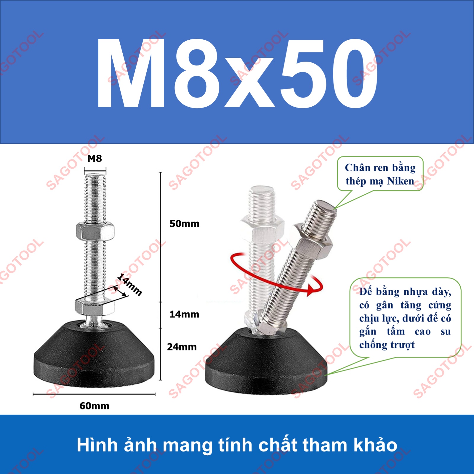 Chân tăng chỉnh tự cân bằng Thép Mạ Niken M8 M10 M12 M16 - Ảnh 6