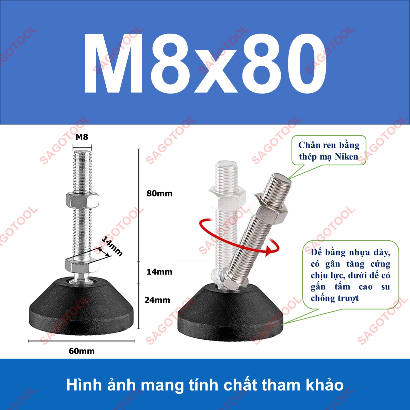 Chân tăng chỉnh tự cân bằng Thép Mạ Niken M8 M10 M12 M16 - Ảnh 7
