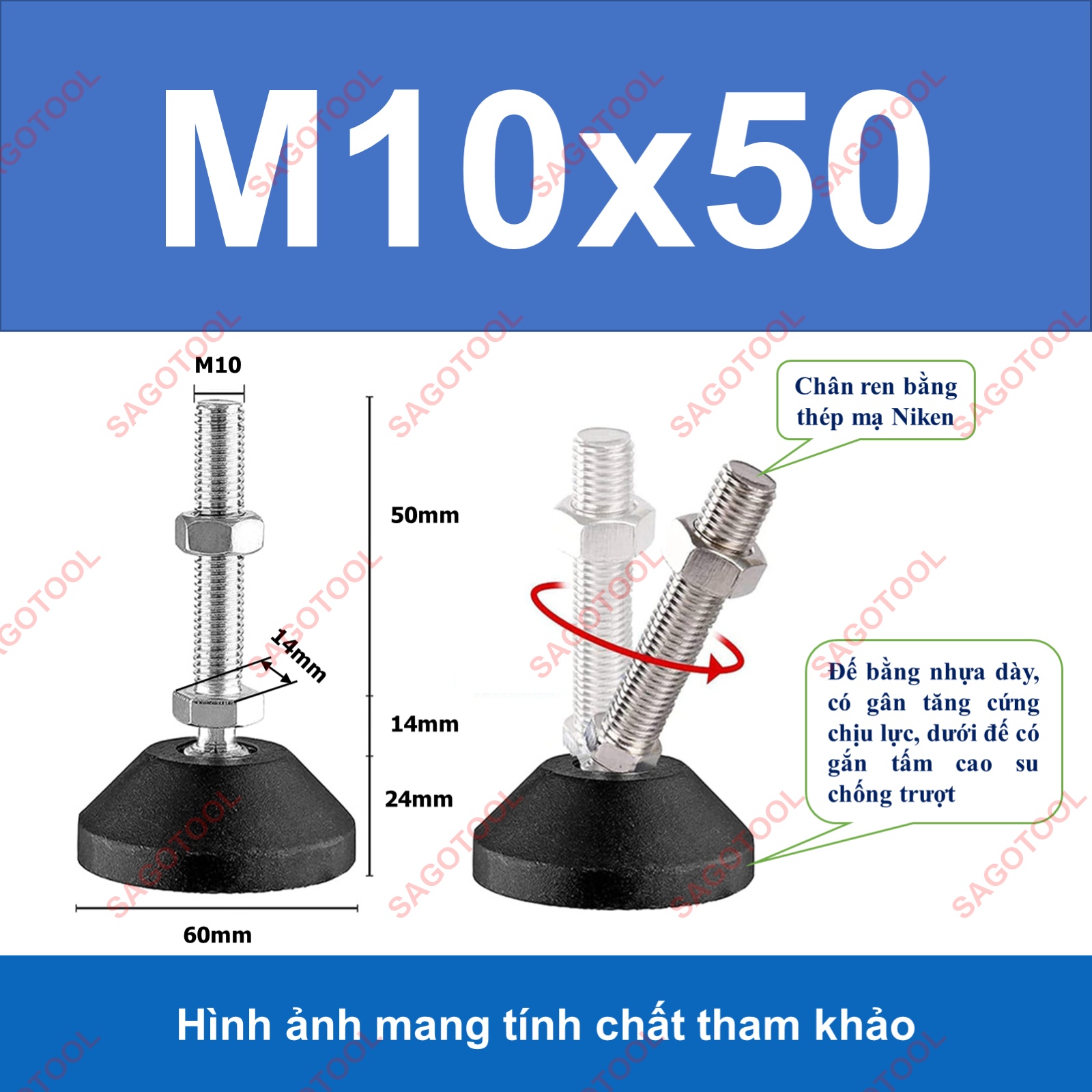 Chân tăng chỉnh tự cân bằng Thép Mạ Niken M8 M10 M12 M16 - Ảnh 8