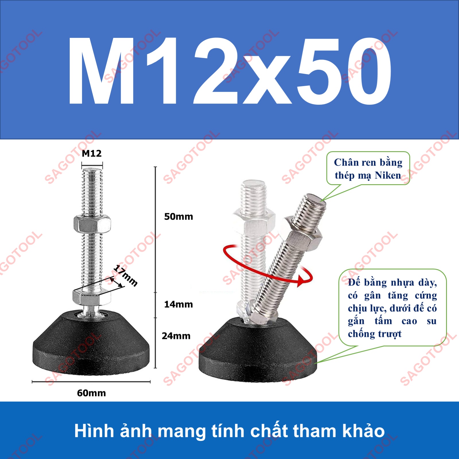 Chân tăng chỉnh tự cân bằng Thép Mạ Niken M8 M10 M12 M16 - Ảnh 10