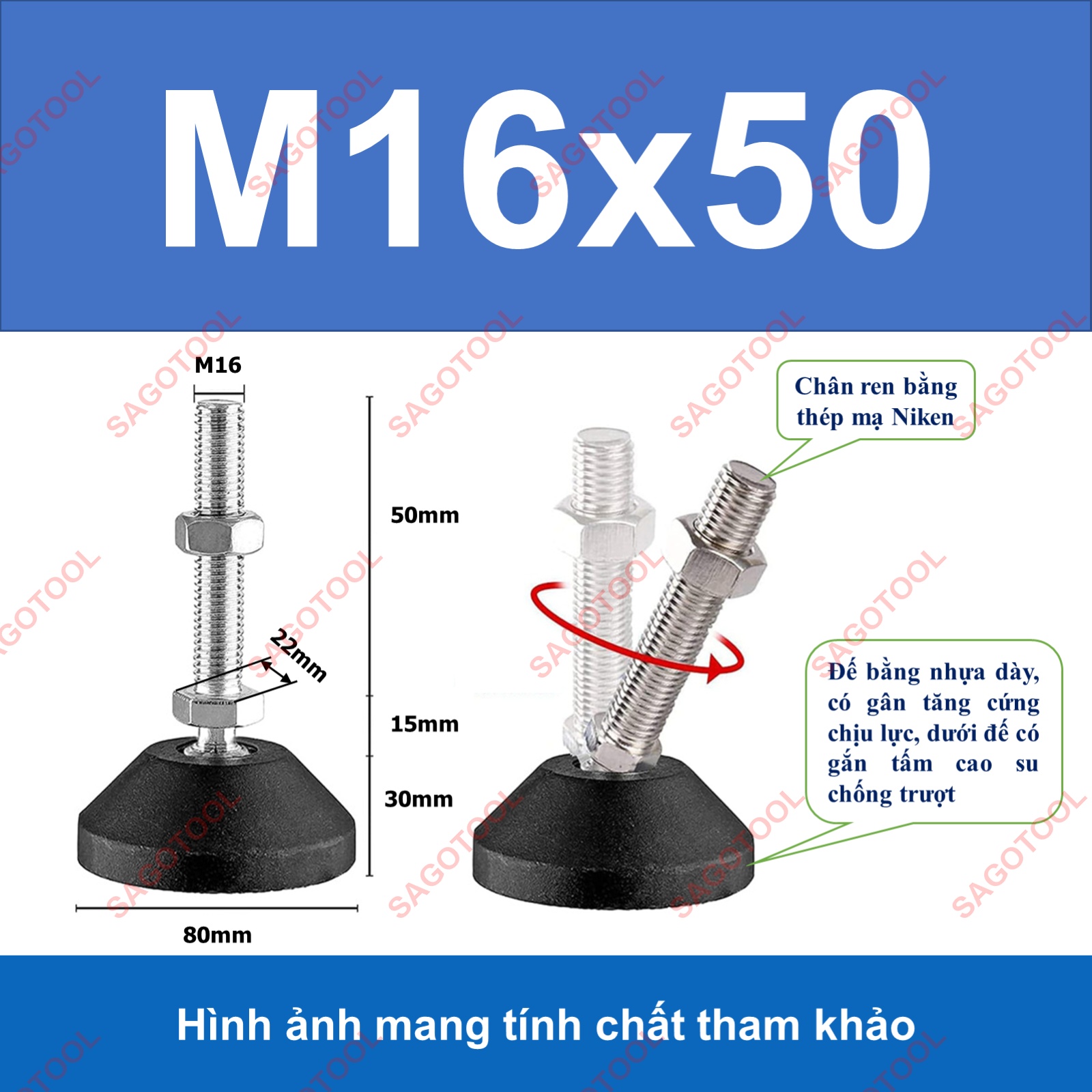 Chân tăng chỉnh tự cân bằng Thép Mạ Niken M8 M10 M12 M16 - Ảnh 12