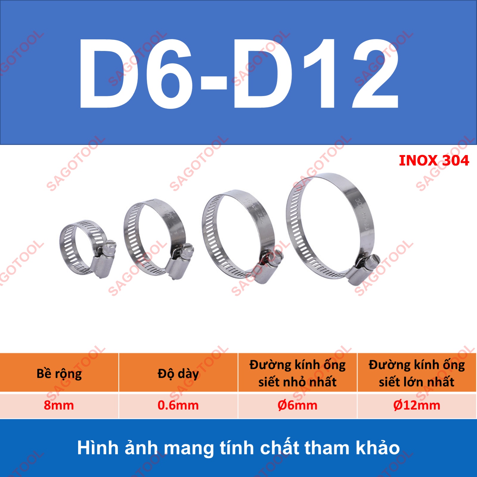 Đai siết inox, Cổ dê inox, Quai nhê xiết ống inox 304 size D8-D70 - Ảnh 6