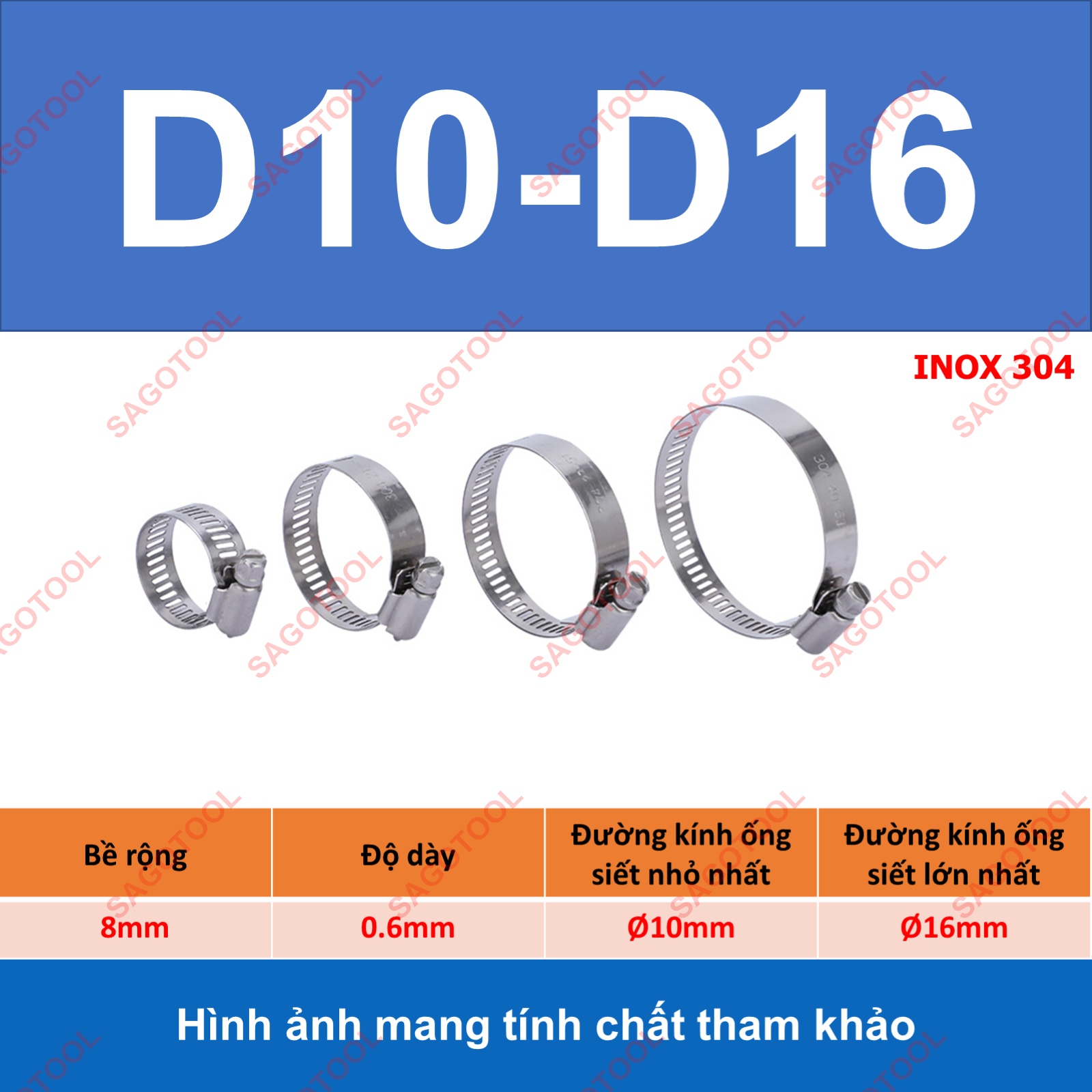Đai siết inox, Cổ dê inox, Quai nhê xiết ống inox 304 size D8-D70 - Ảnh 7