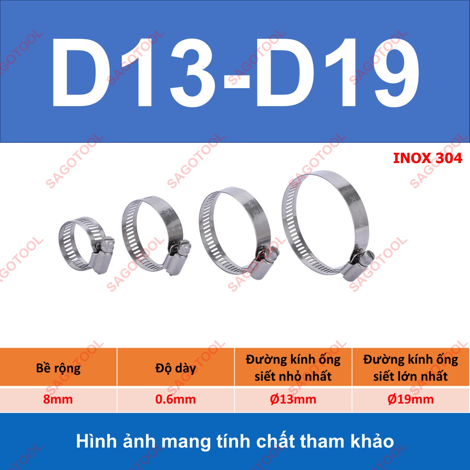 Đai siết inox, Cổ dê inox, Quai nhê xiết ống inox 304 size D8-D70 - Ảnh 8