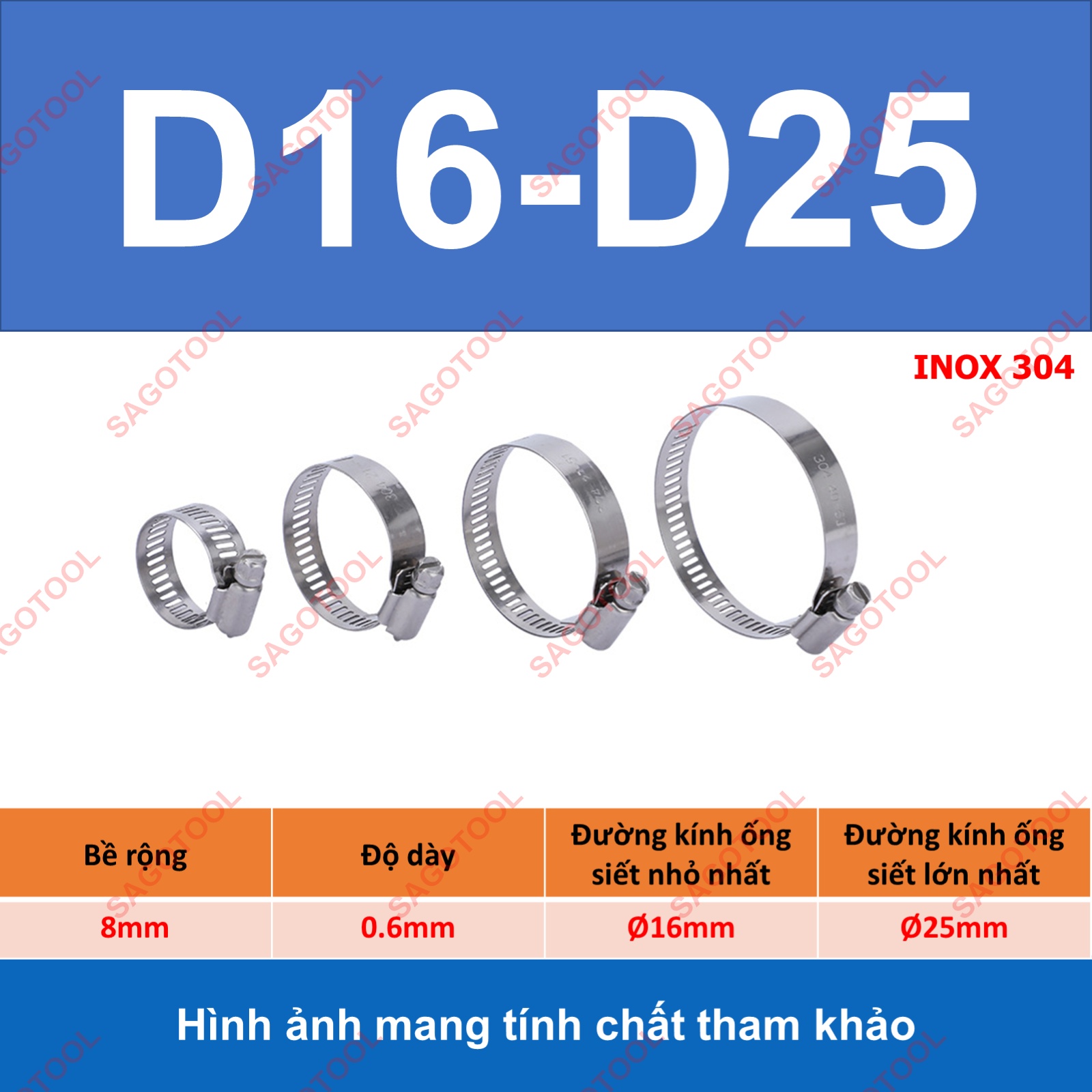 Đai siết inox, Cổ dê inox, Quai nhê xiết ống inox 304 size D8-D70 - Ảnh 9