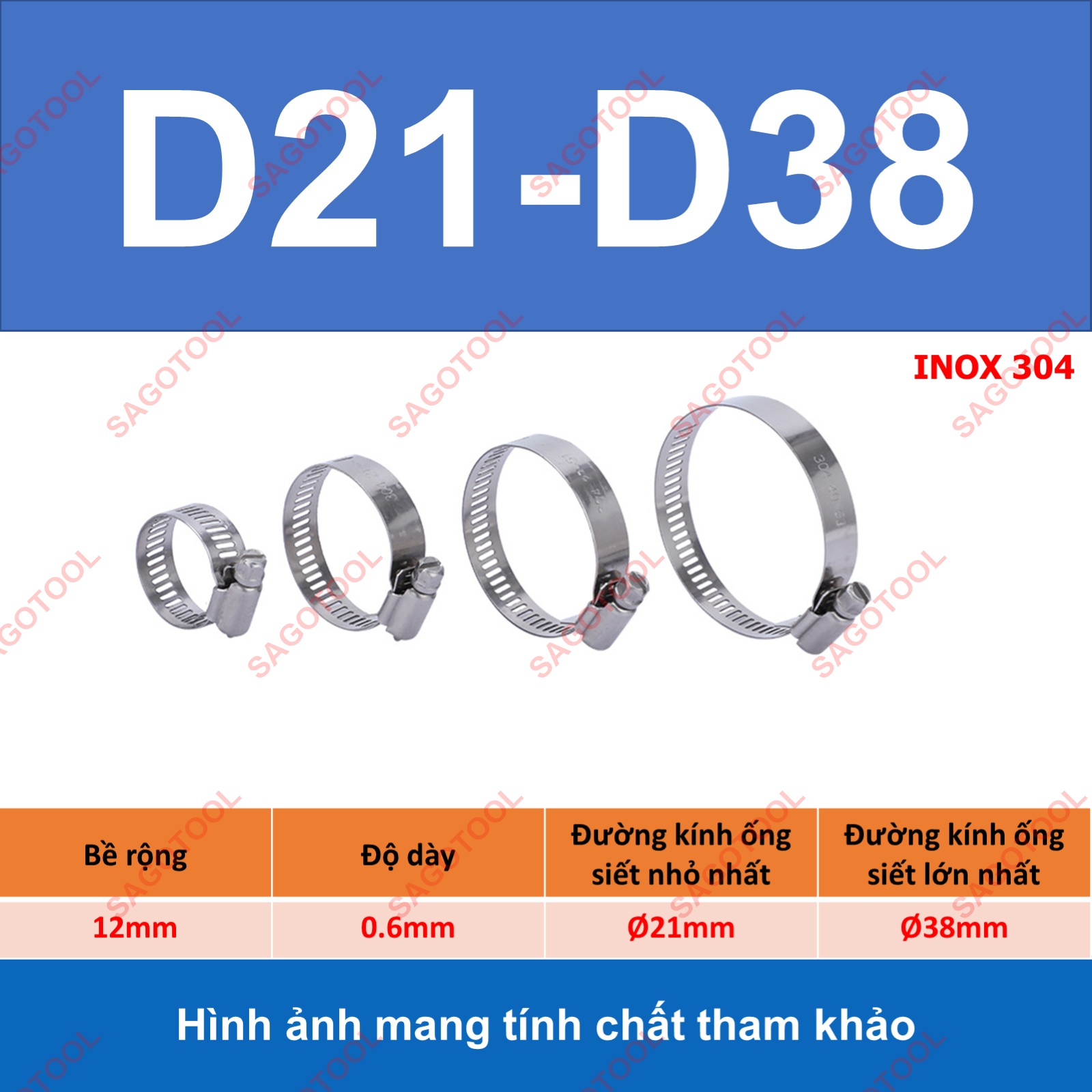 Đai siết inox, Cổ dê inox, Quai nhê xiết ống inox 304 size D8-D70 - Ảnh 11
