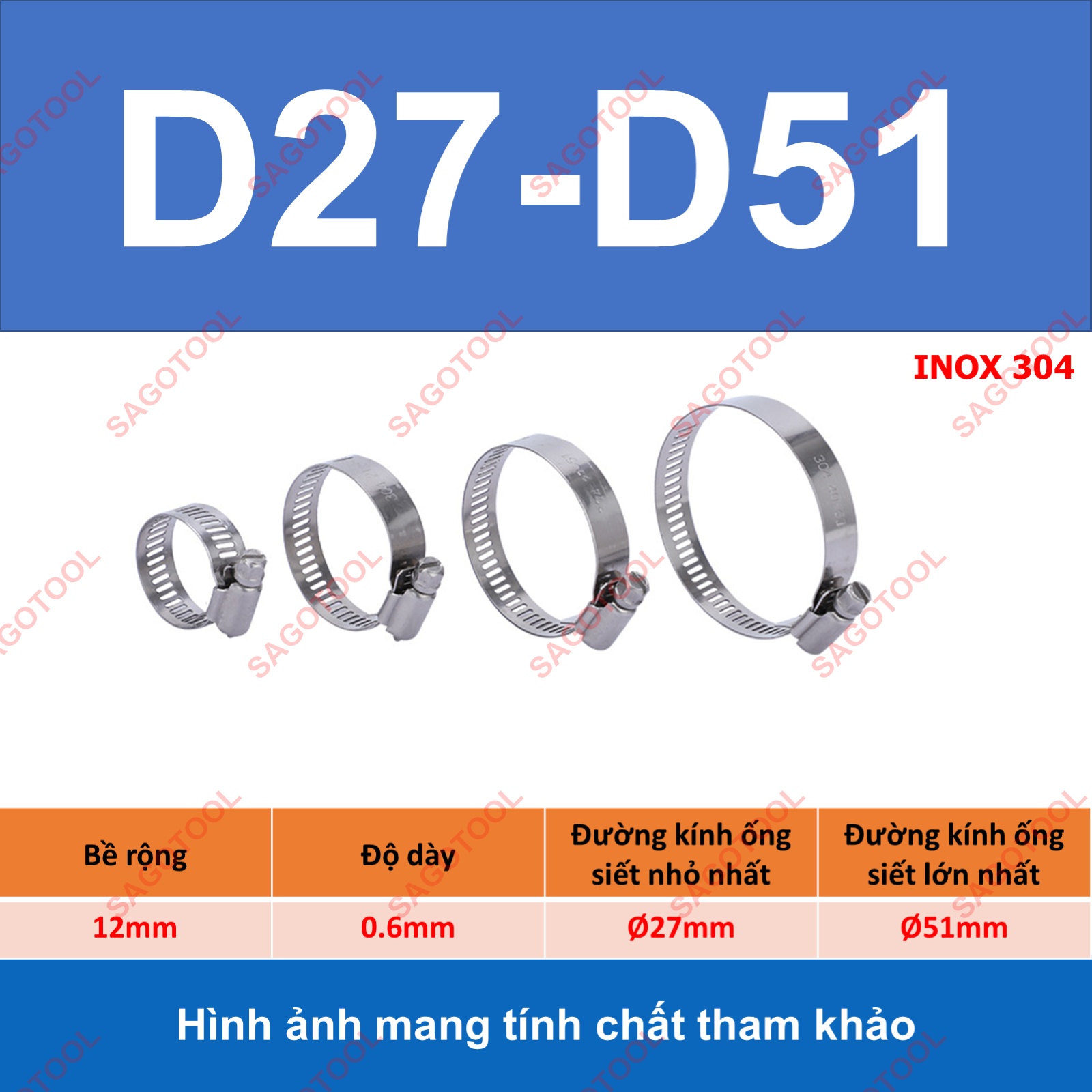 Đai siết inox, Cổ dê inox, Quai nhê xiết ống inox 304 size D8-D70 - Ảnh 12