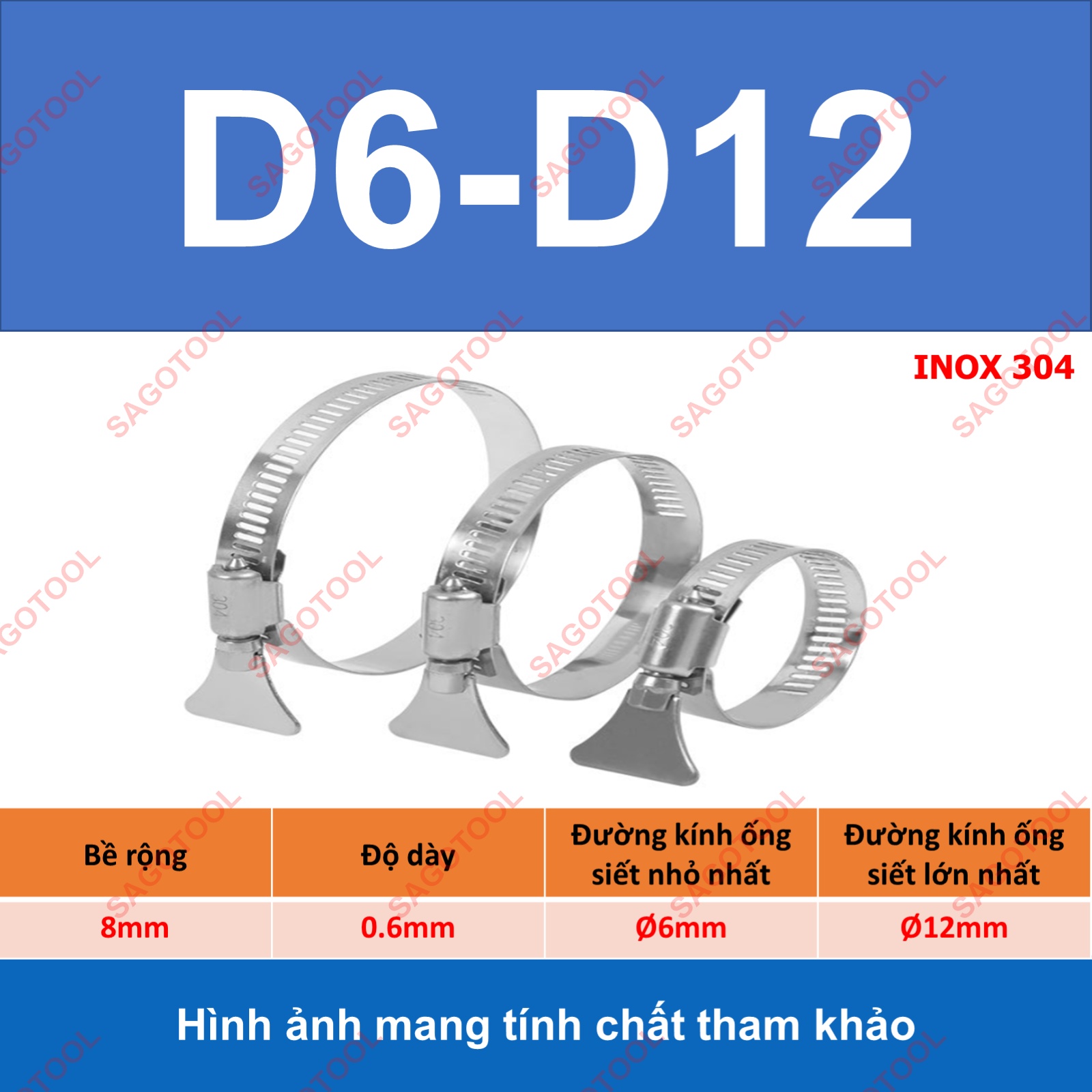 Đai siết inox có tay vặn, Cổ dê inox, Quai nhê xiết ống inox 304 có tay vặn size D6-D89 - Ảnh 7