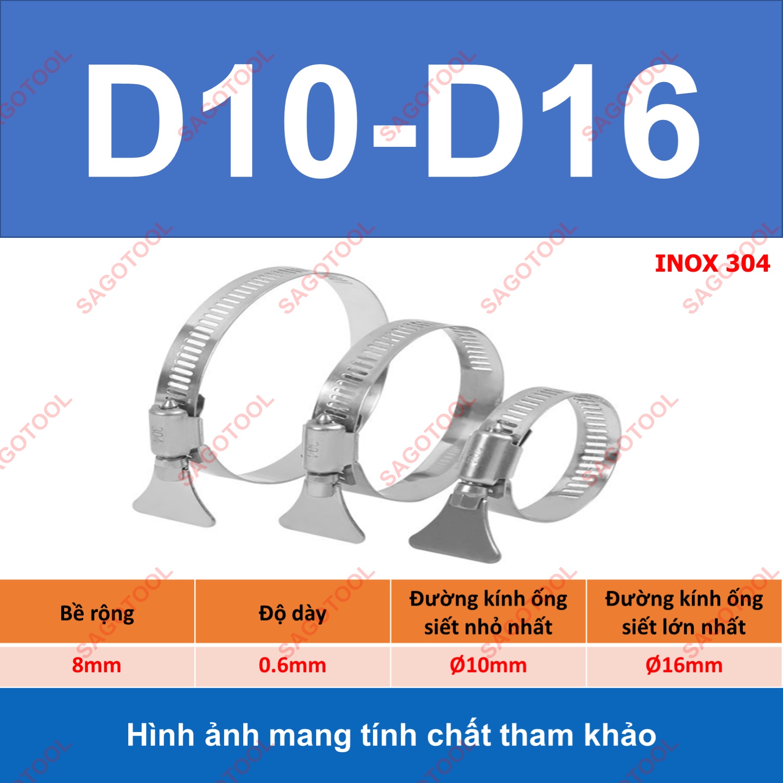 Đai siết inox có tay vặn, Cổ dê inox, Quai nhê xiết ống inox 304 có tay vặn size D6-D89 - Ảnh 8