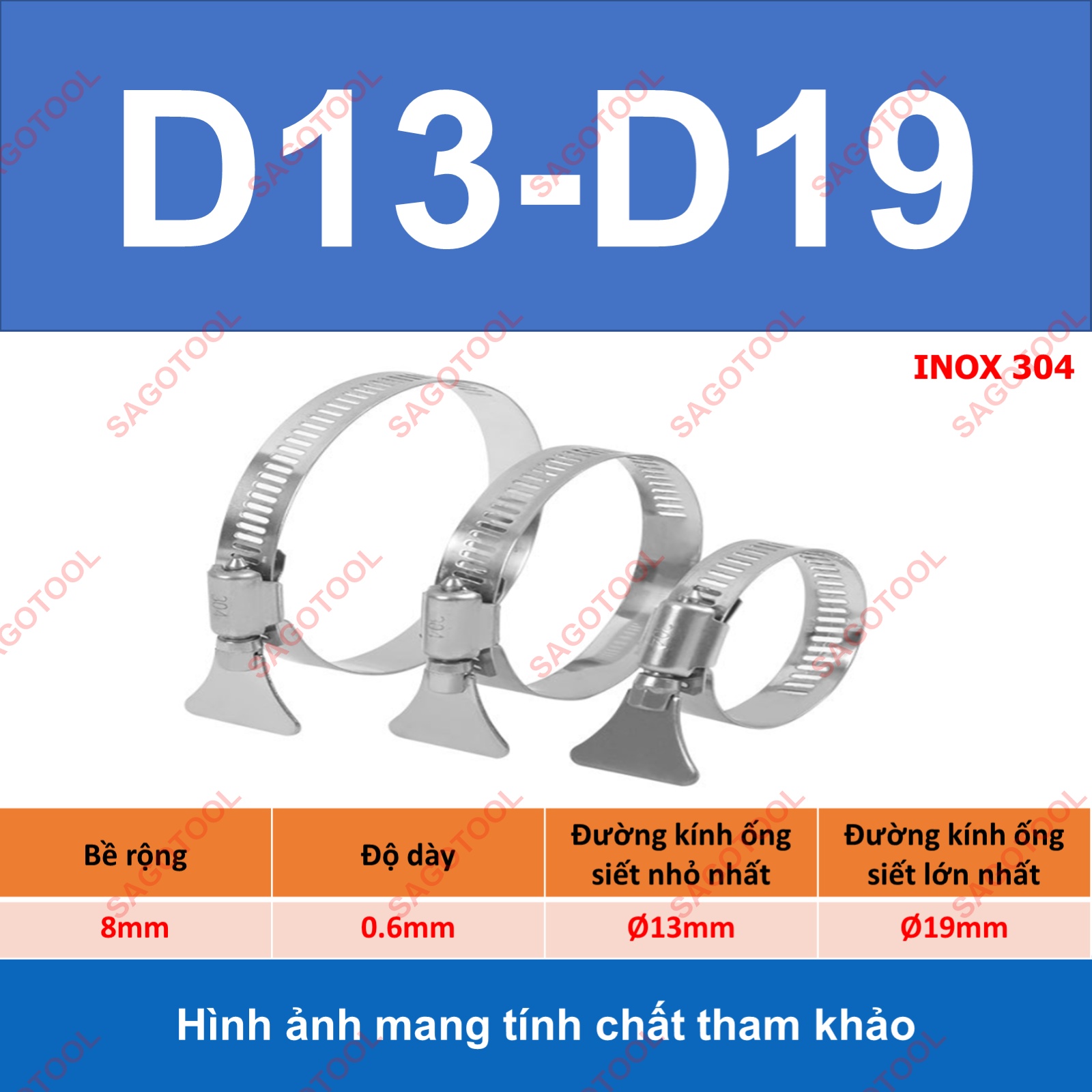 Đai siết inox có tay vặn, Cổ dê inox, Quai nhê xiết ống inox 304 có tay vặn size D6-D89 - Ảnh 9