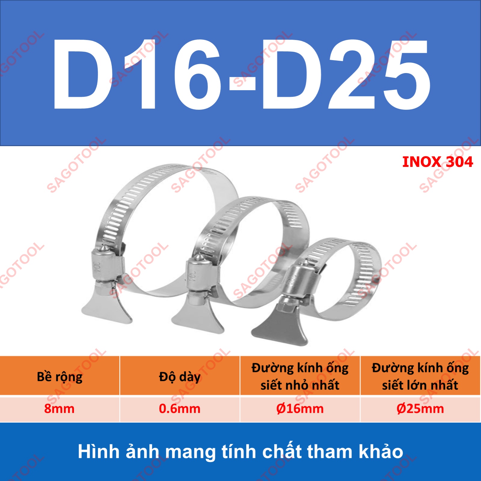 Đai siết inox có tay vặn, Cổ dê inox, Quai nhê xiết ống inox 304 có tay vặn size D6-D89 - Ảnh 10