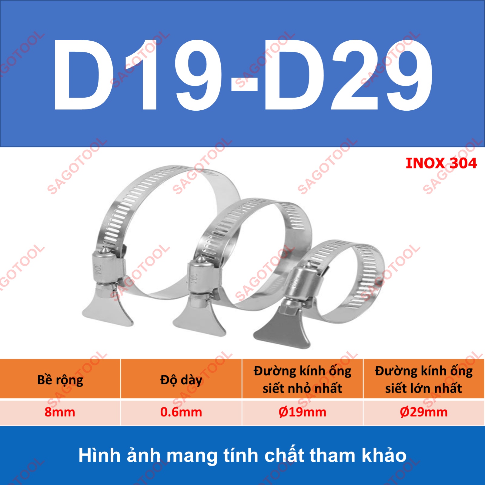 Đai siết inox có tay vặn, Cổ dê inox, Quai nhê xiết ống inox 304 có tay vặn size D6-D89 - Ảnh 11