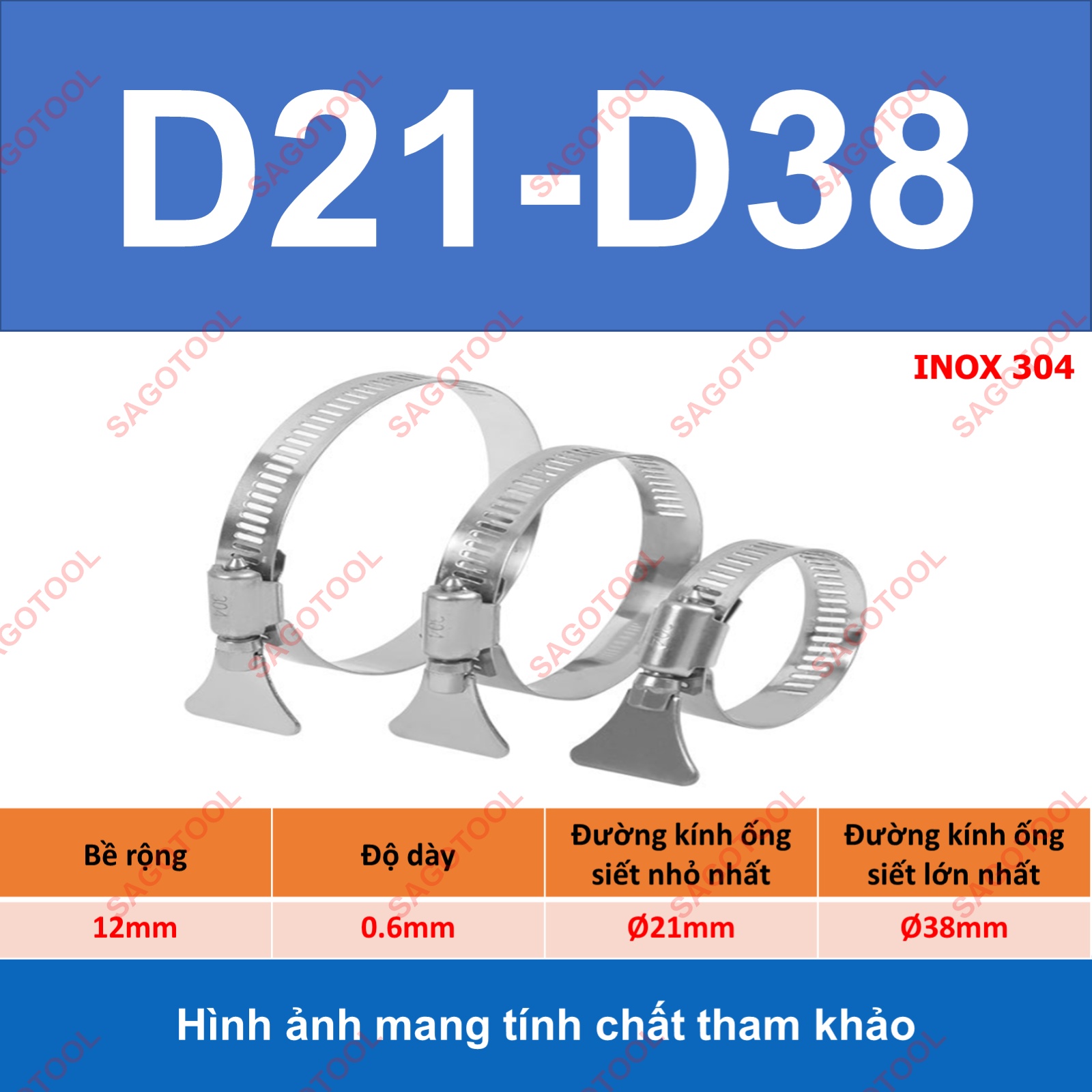 Đai siết inox có tay vặn, Cổ dê inox, Quai nhê xiết ống inox 304 có tay vặn size D6-D89 - Ảnh 12