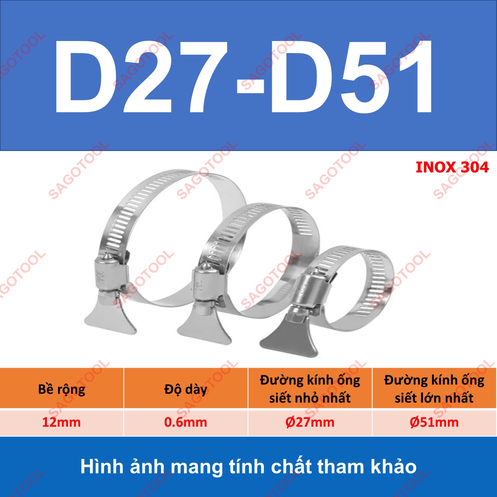 Đai siết inox có tay vặn, Cổ dê inox, Quai nhê xiết ống inox 304 có tay vặn size D6-D89 - Ảnh 13