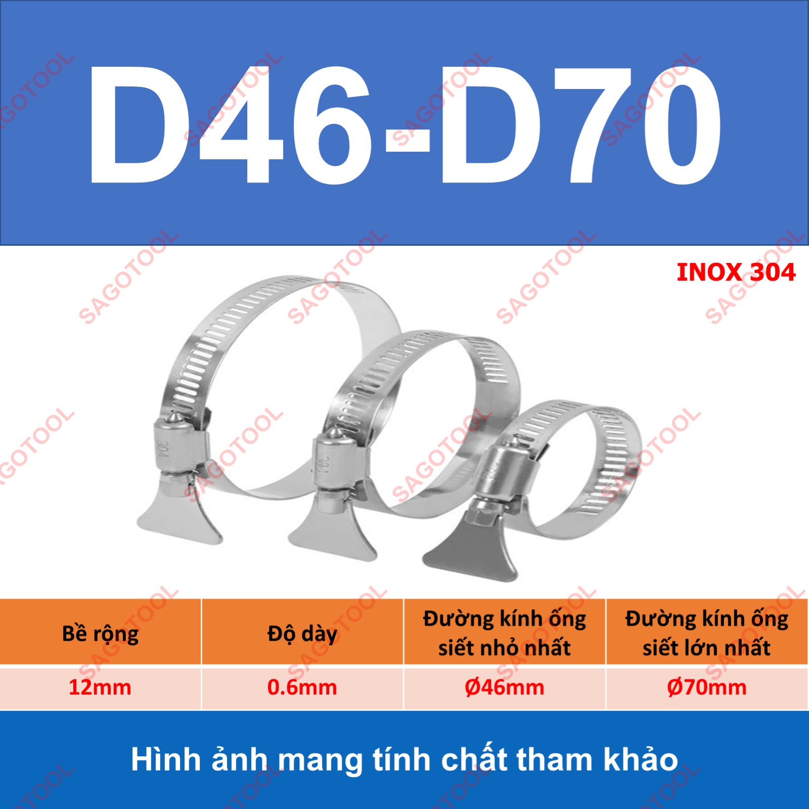 Đai siết inox có tay vặn, Cổ dê inox, Quai nhê xiết ống inox 304 có tay vặn size D6-D89 - Ảnh 14