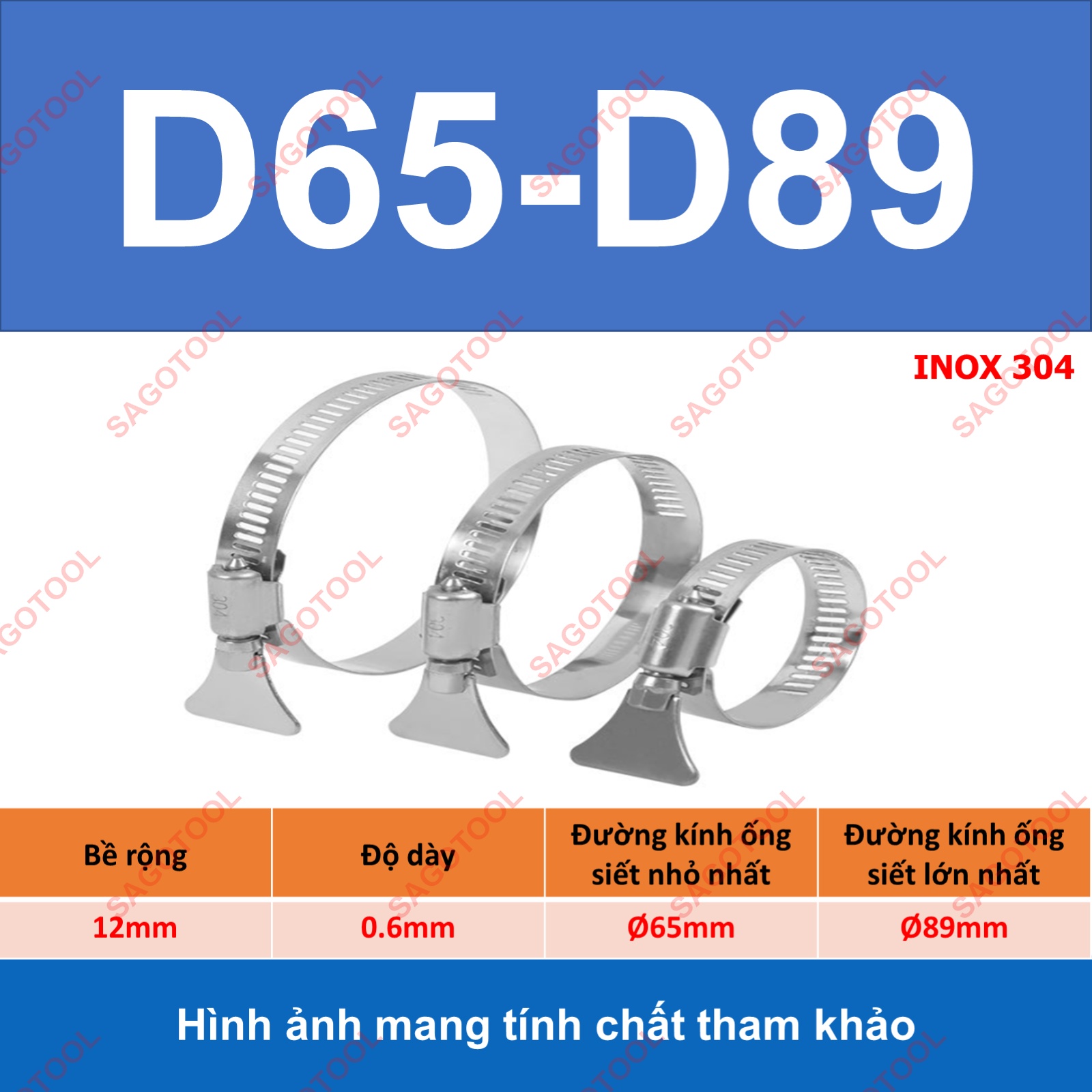 Đai siết inox có tay vặn, Cổ dê inox, Quai nhê xiết ống inox 304 có tay vặn size D6-D89 - Ảnh 15