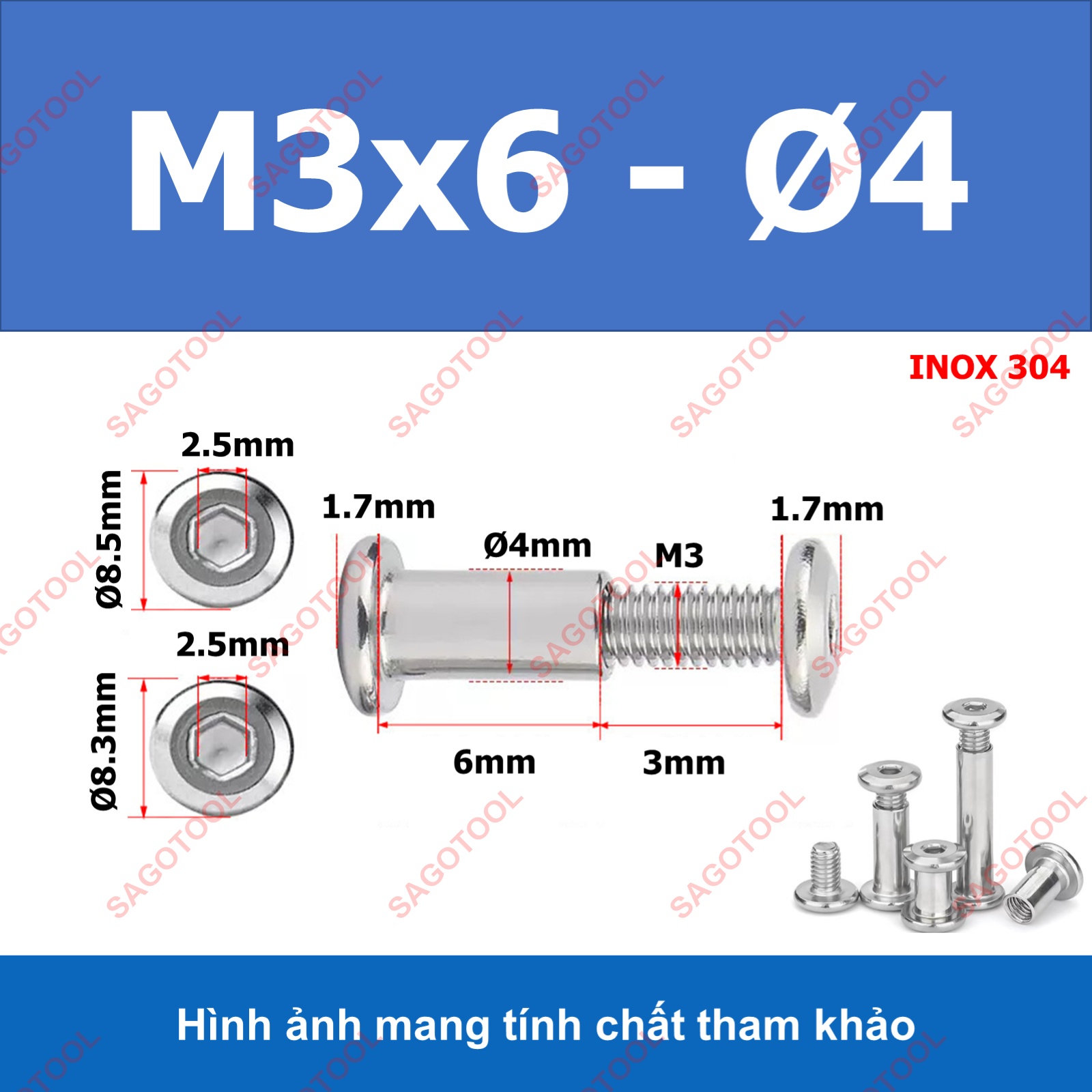 Đinh tán inox, đinh tán vặn ren inox 304 đầu lục giác 3ly 4 ly 5ly 6ly 8ly - Ảnh 7