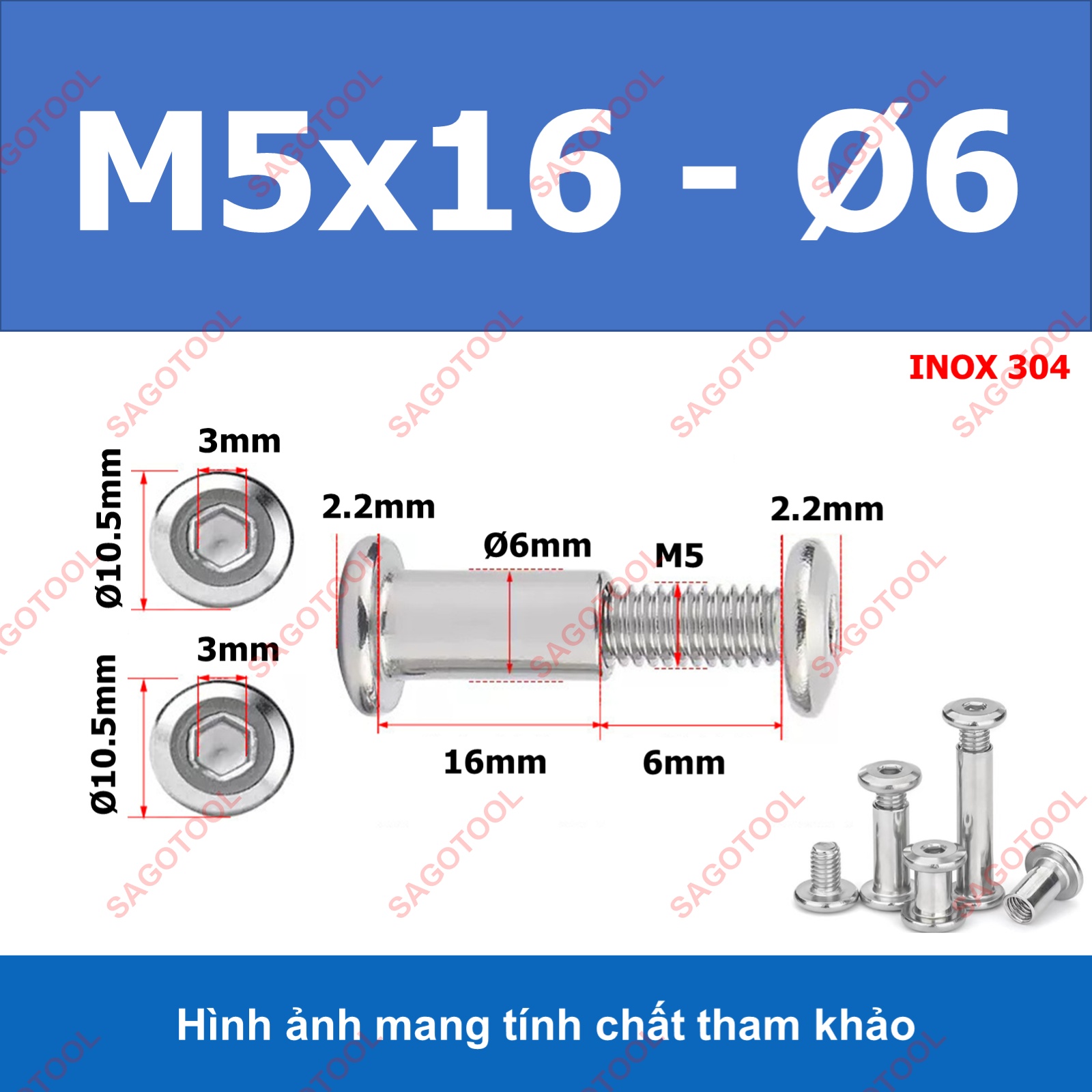 Đinh tán inox, đinh tán vặn ren inox 304 đầu lục giác 3ly 4 ly 5ly 6ly 8ly - Ảnh 17