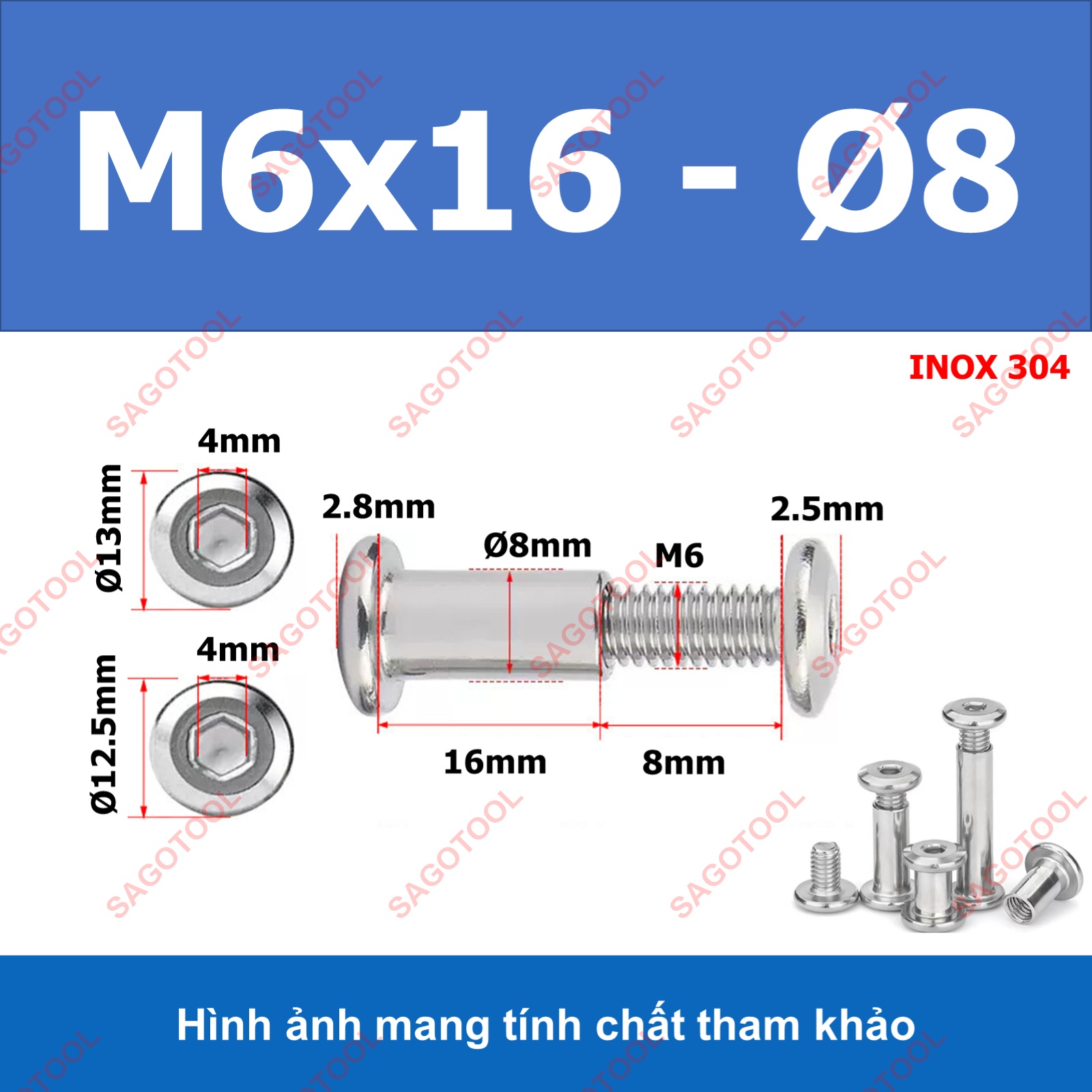 Đinh tán inox, đinh tán vặn ren inox 304 đầu lục giác 3ly 4 ly 5ly 6ly 8ly - Ảnh 21