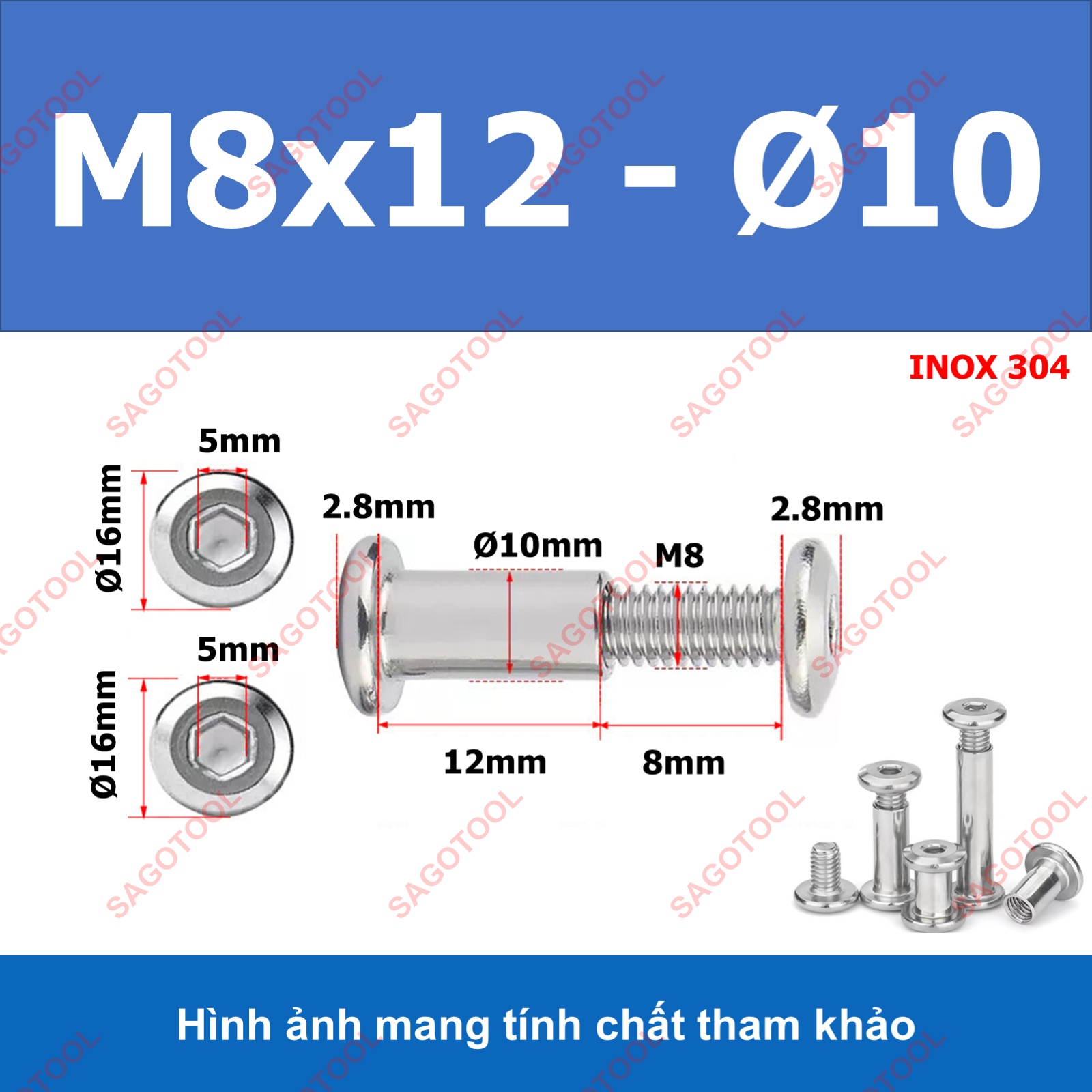 Đinh tán inox, đinh tán vặn ren inox 304 đầu lục giác 3ly 4 ly 5ly 6ly 8ly - Ảnh 24