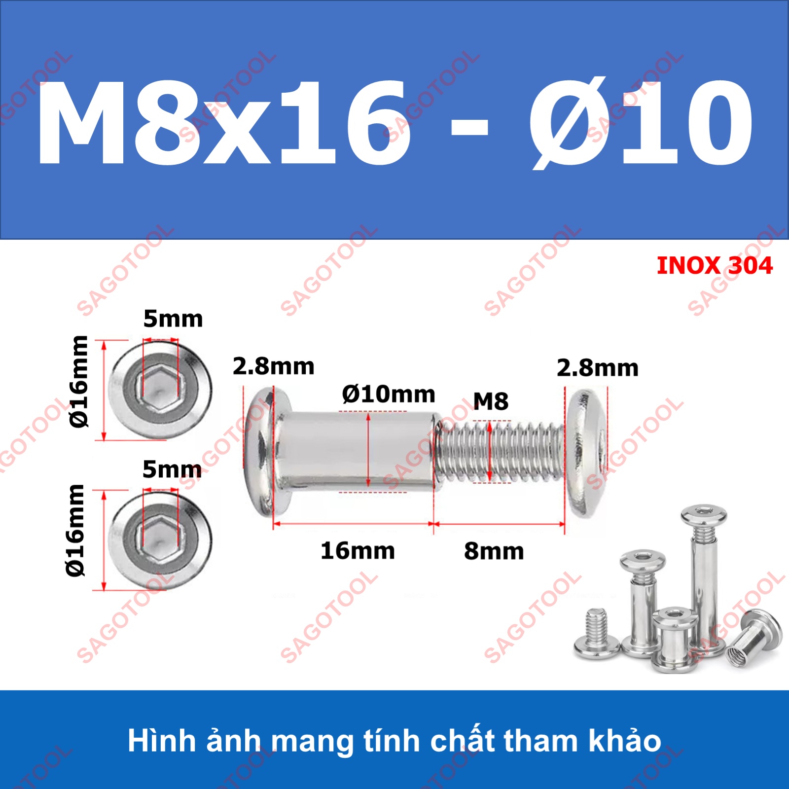 Đinh tán inox, đinh tán vặn ren inox 304 đầu lục giác 3ly 4 ly 5ly 6ly 8ly - Ảnh 25