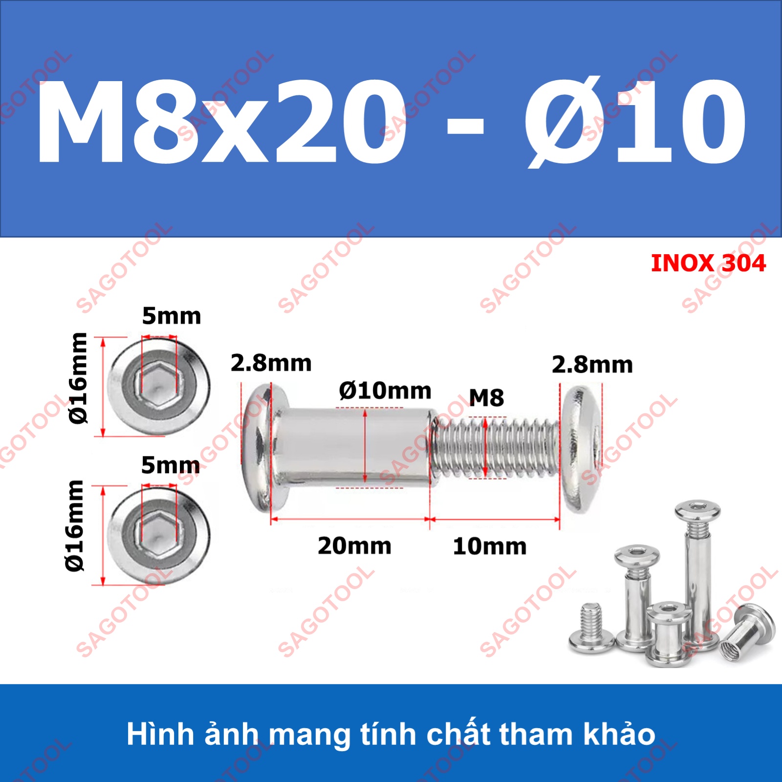 Đinh tán inox, đinh tán vặn ren inox 304 đầu lục giác 3ly 4 ly 5ly 6ly 8ly - Ảnh 26