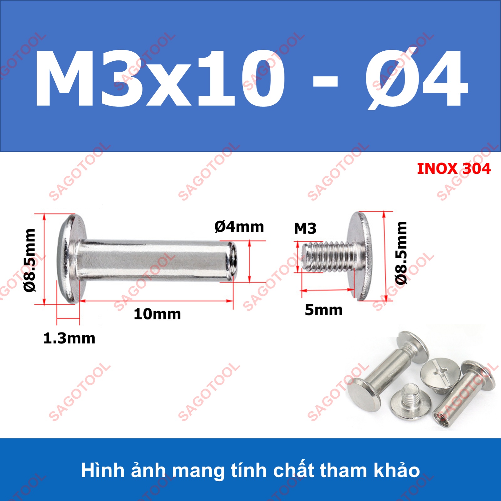 Đinh tán inox, đinh tán vặn ren inox 304 đầu Pake 3ly 4 ly 5ly (2 bộ) - Ảnh 7