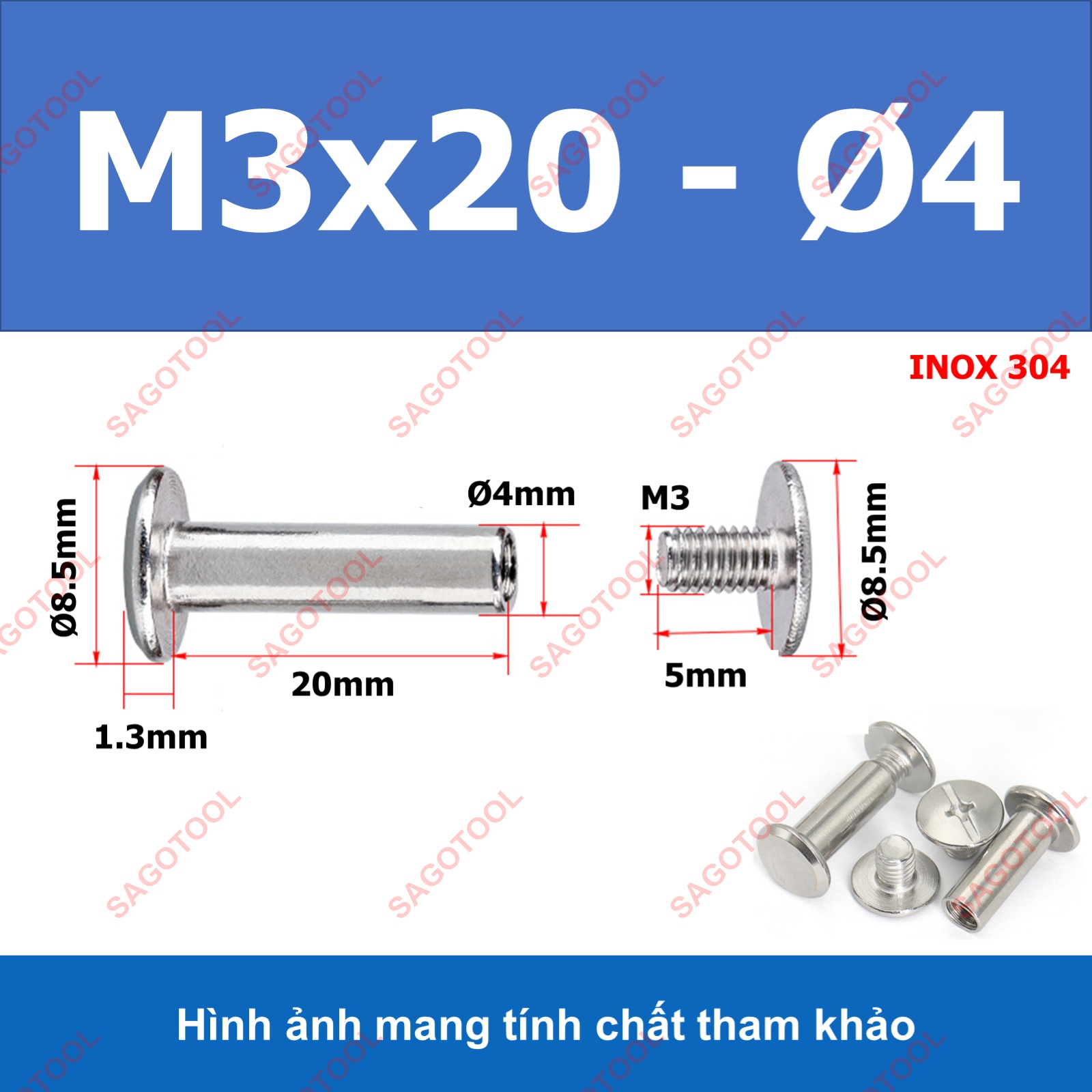 Đinh tán inox, đinh tán vặn ren inox 304 đầu Pake 3ly 4 ly 5ly (2 bộ) - Ảnh 9