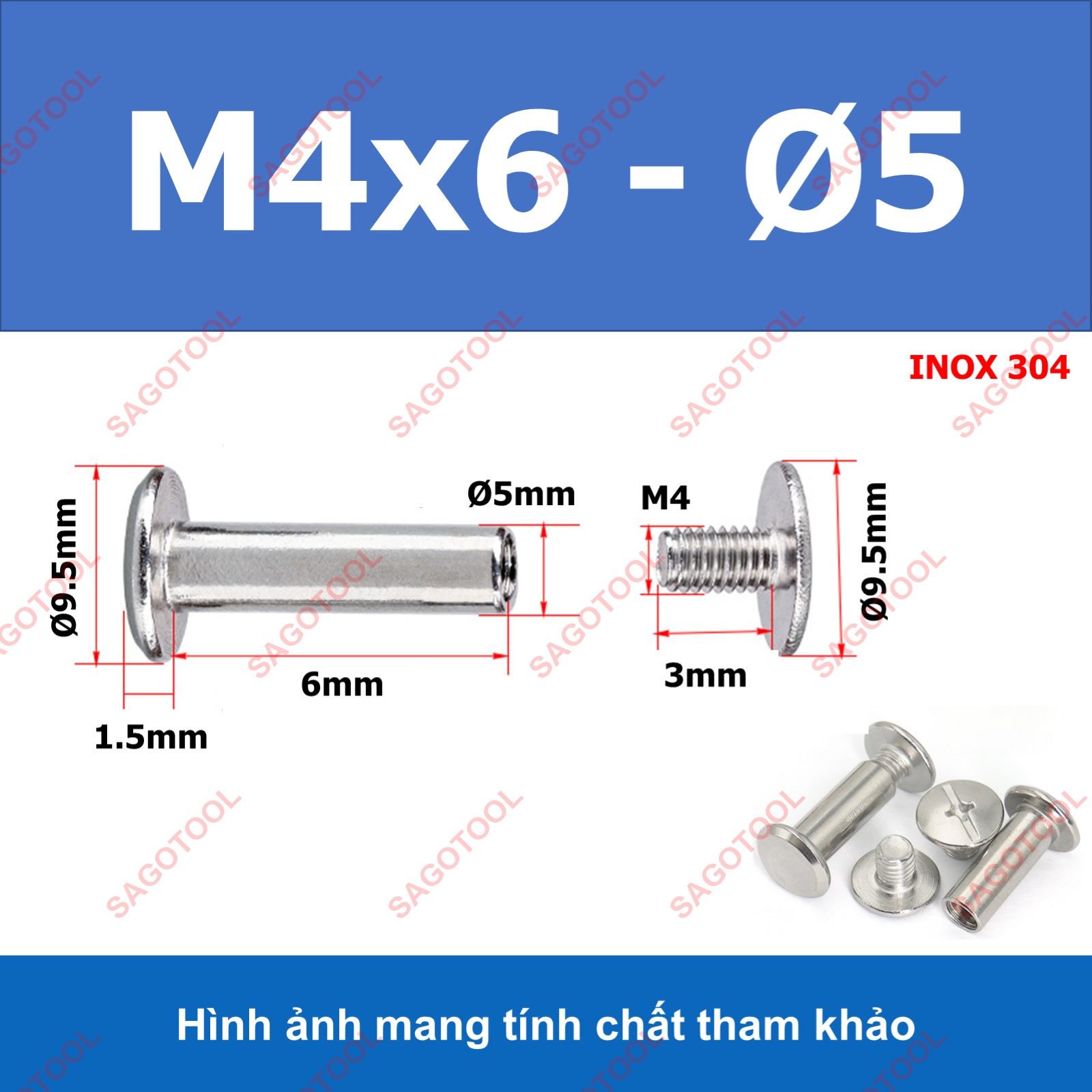 Đinh tán inox, đinh tán vặn ren inox 304 đầu Pake 3ly 4 ly 5ly (2 bộ) - Ảnh 11
