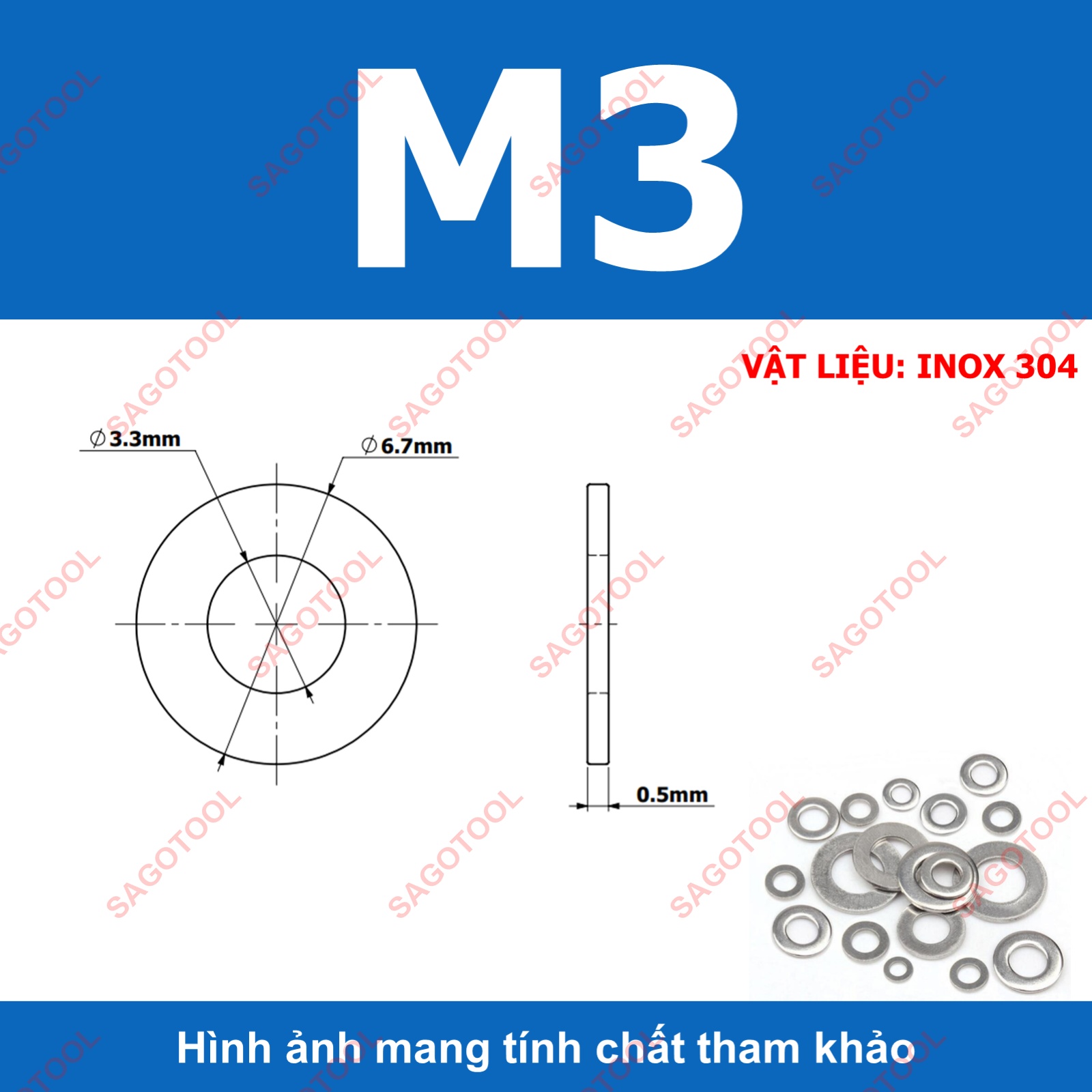 Vòng đệm, Long Đền phẳng INOX 304 cho ốc lục giác M3, M4, M5, M6, M8, M10, M12 - Ảnh 6