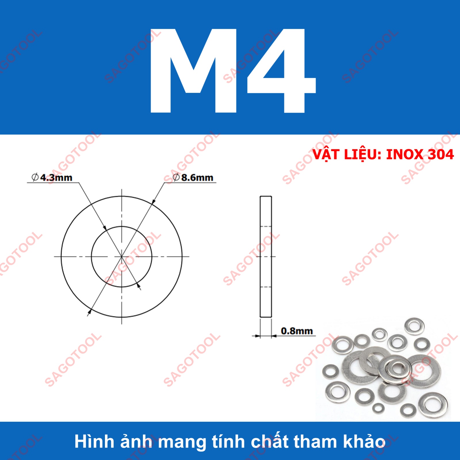 Vòng đệm, Long Đền phẳng INOX 304 cho ốc lục giác M3, M4, M5, M6, M8, M10, M12 - Ảnh 7