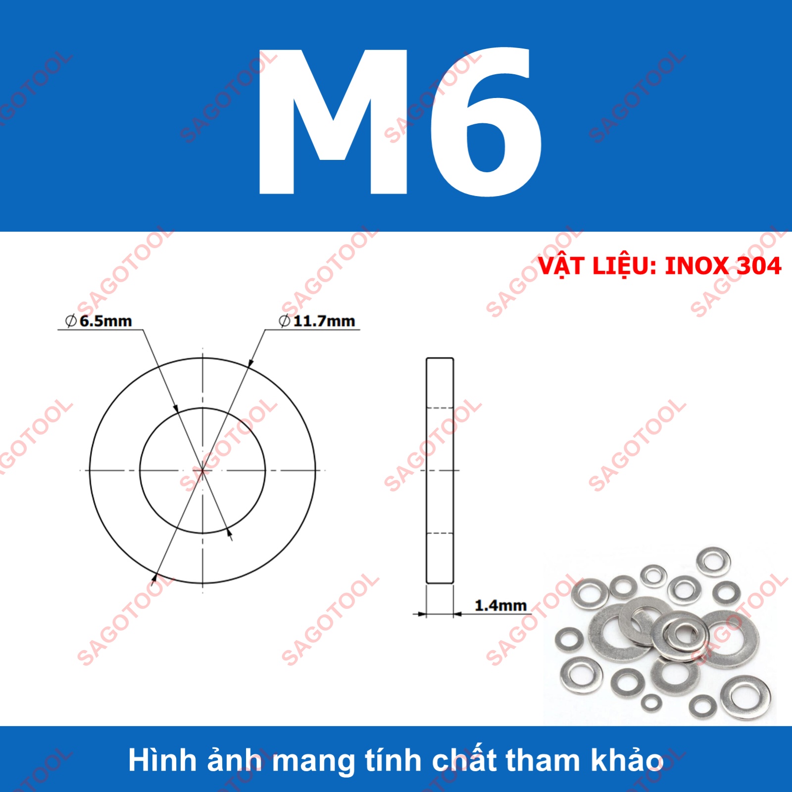 Vòng đệm, Long Đền phẳng INOX 304 cho ốc lục giác M3, M4, M5, M6, M8, M10, M12 - Ảnh 9