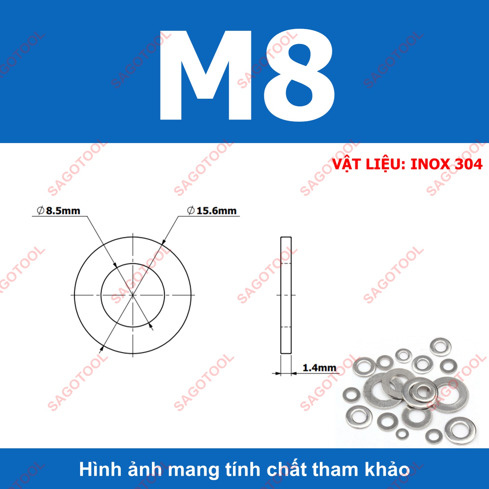 Vòng đệm, Long Đền phẳng INOX 304 cho ốc lục giác M3, M4, M5, M6, M8, M10, M12 - Ảnh 10