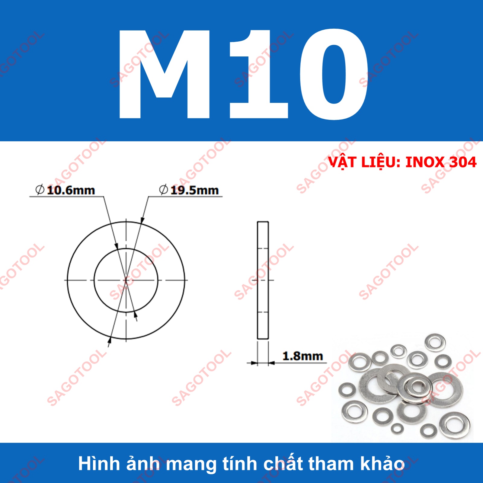 Vòng đệm, Long Đền phẳng INOX 304 cho ốc lục giác M3, M4, M5, M6, M8, M10, M12 - Ảnh 11