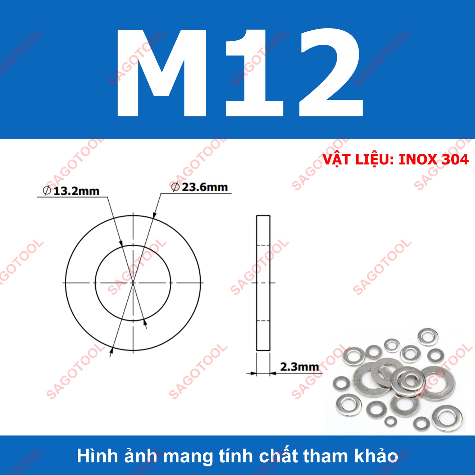 Vòng đệm, Long Đền phẳng INOX 304 cho ốc lục giác M3, M4, M5, M6, M8, M10, M12 - Ảnh 12