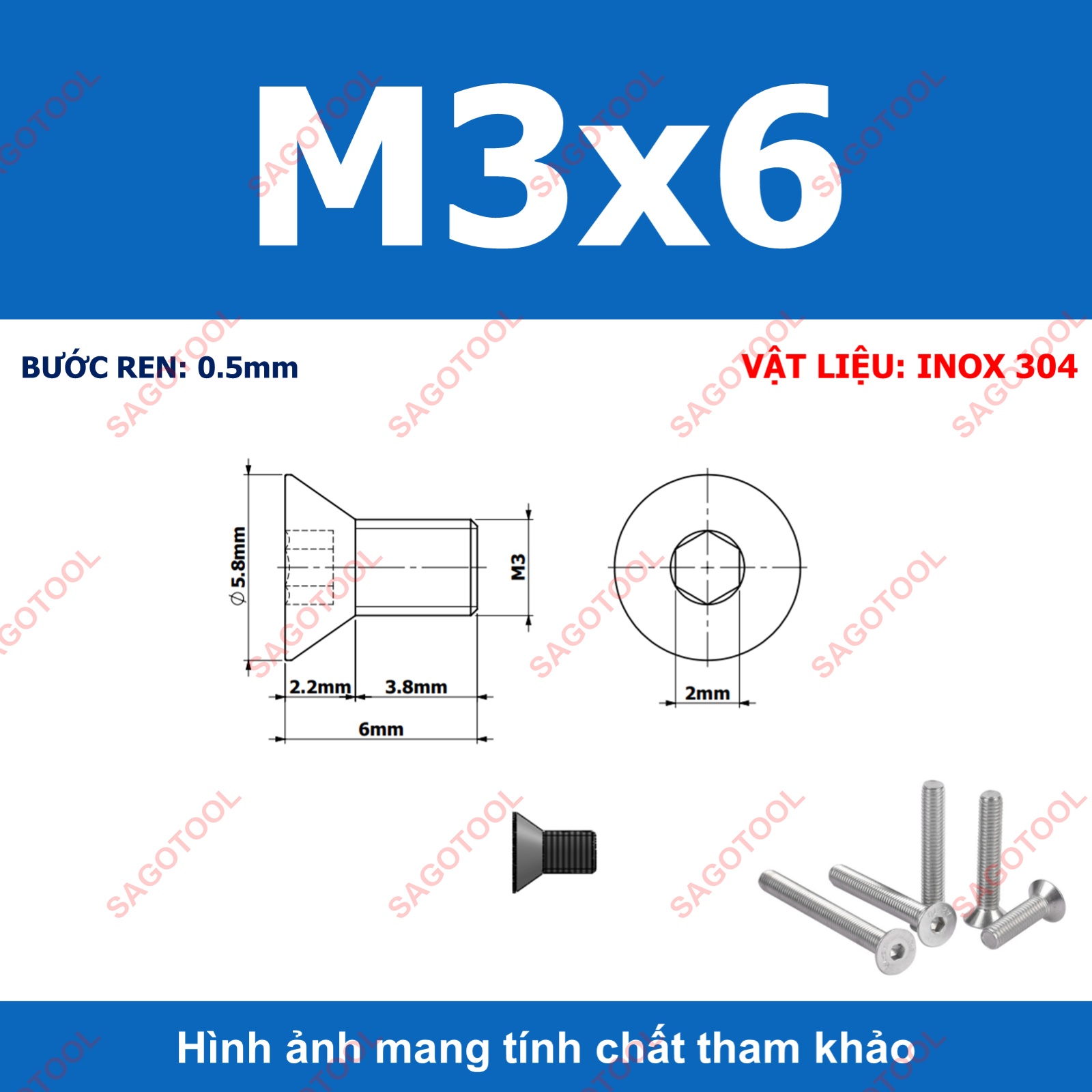 Bulong lục giác đầu bằng INOX 304 M3 M4 M5 M6 M8 (10-30 con) - Ảnh 6