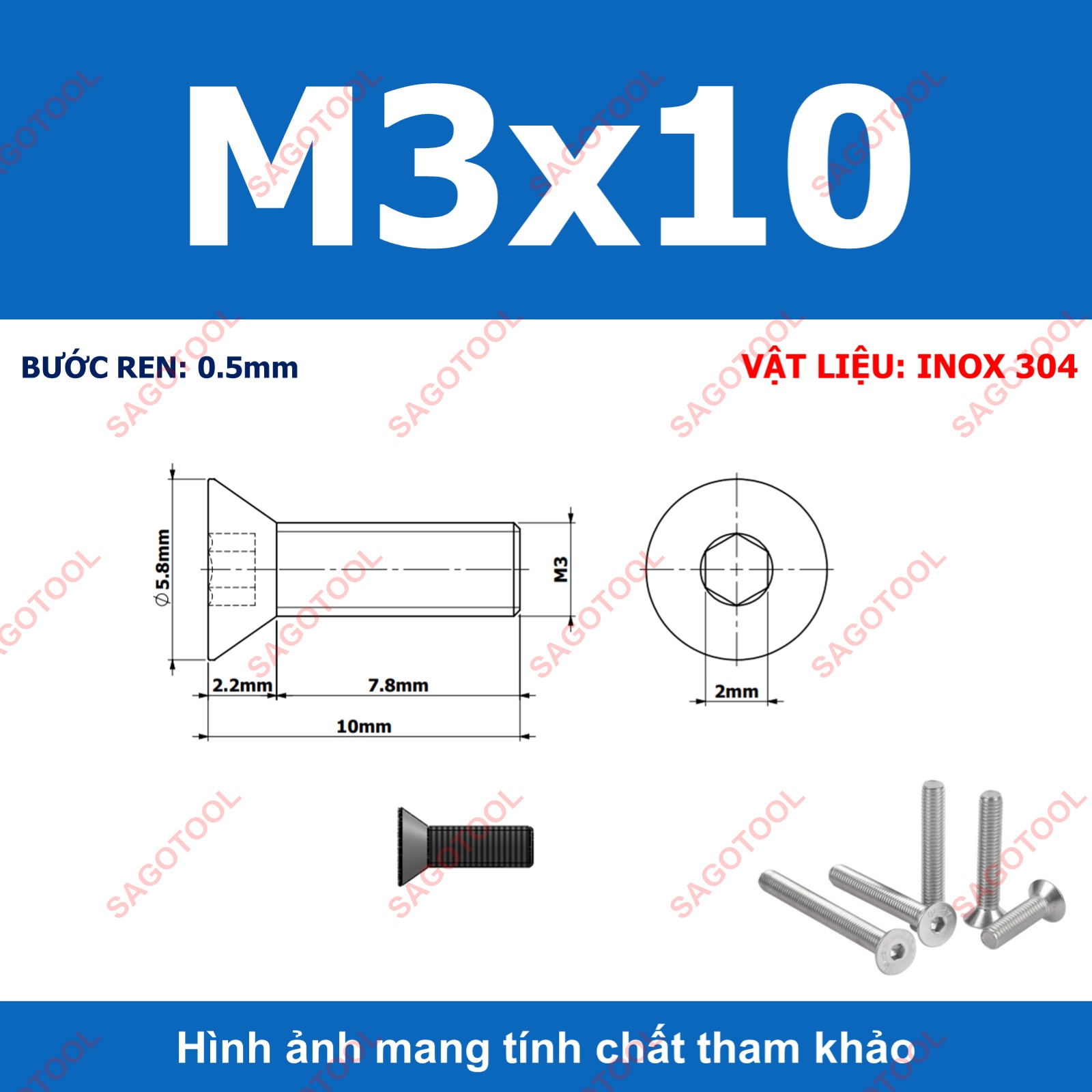 Bulong lục giác đầu bằng INOX 304 M3 M4 M5 M6 M8 (10-30 con) - Ảnh 7
