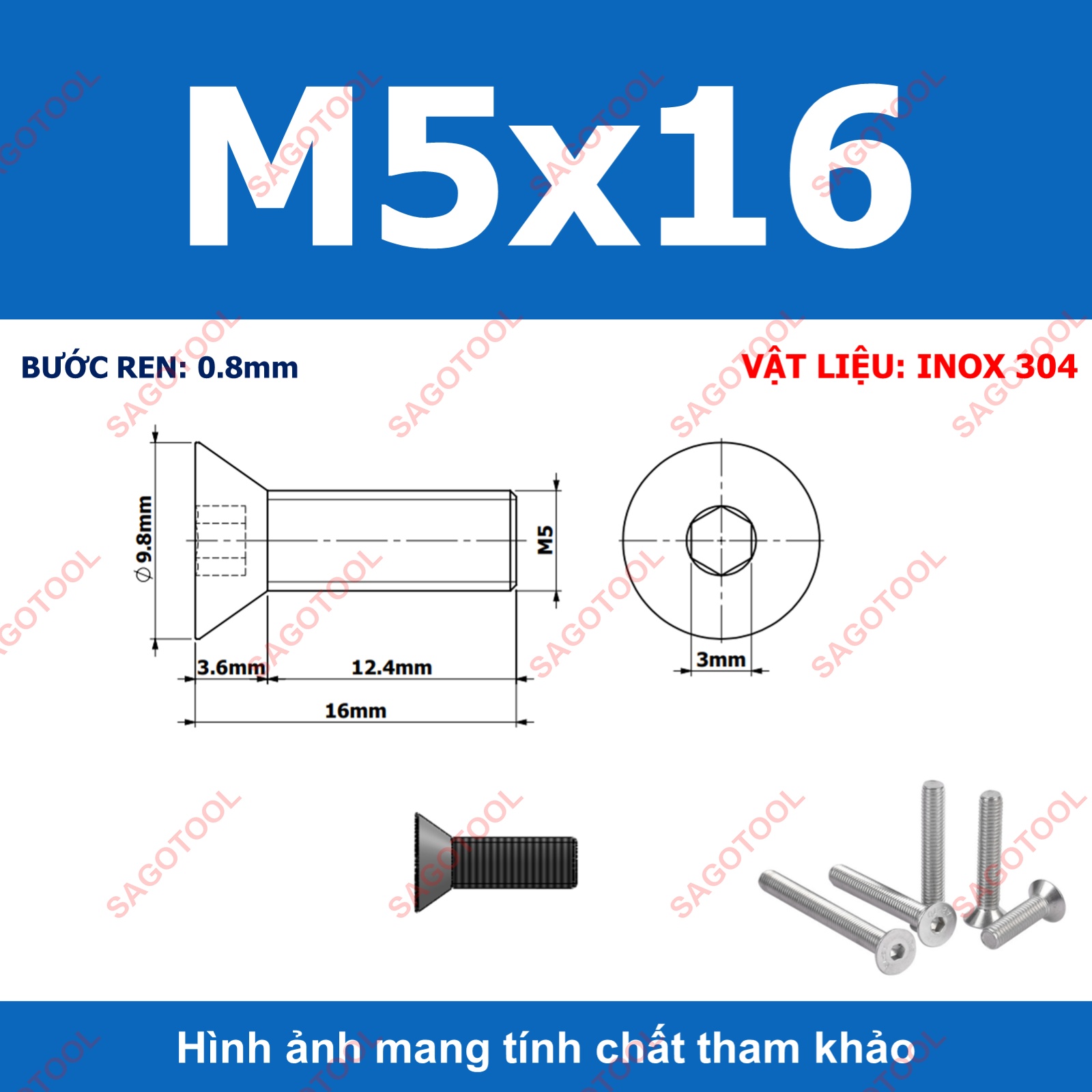 Bulong lục giác đầu bằng INOX 304 M3 M4 M5 M6 M8 (10-30 con) - Ảnh 20