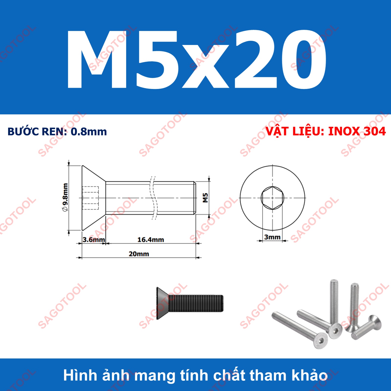Bulong lục giác đầu bằng INOX 304 M3 M4 M5 M6 M8 (10-30 con) - Ảnh 21