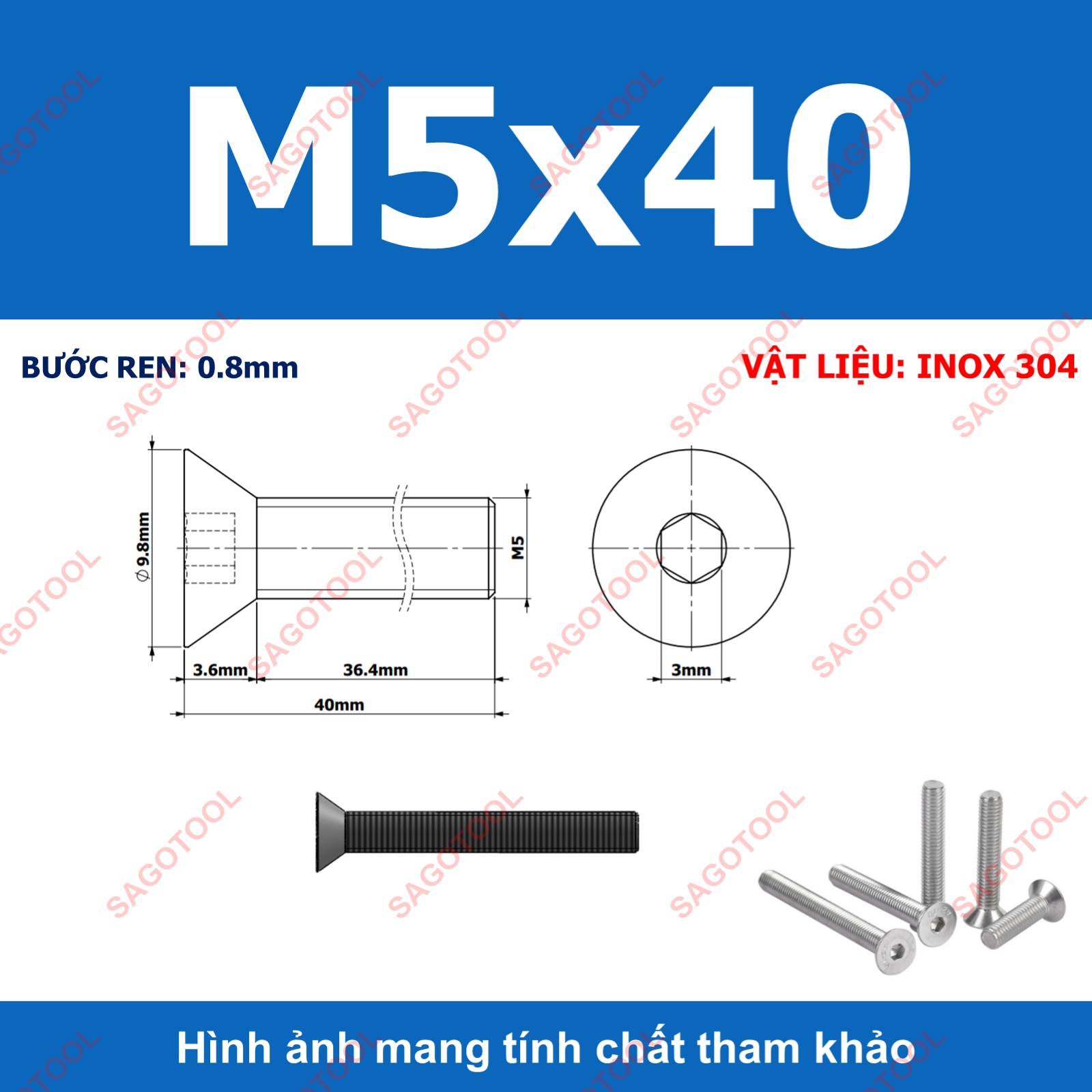 Bulong lục giác đầu bằng INOX 304 M3 M4 M5 M6 M8 (10-30 con) - Ảnh 23