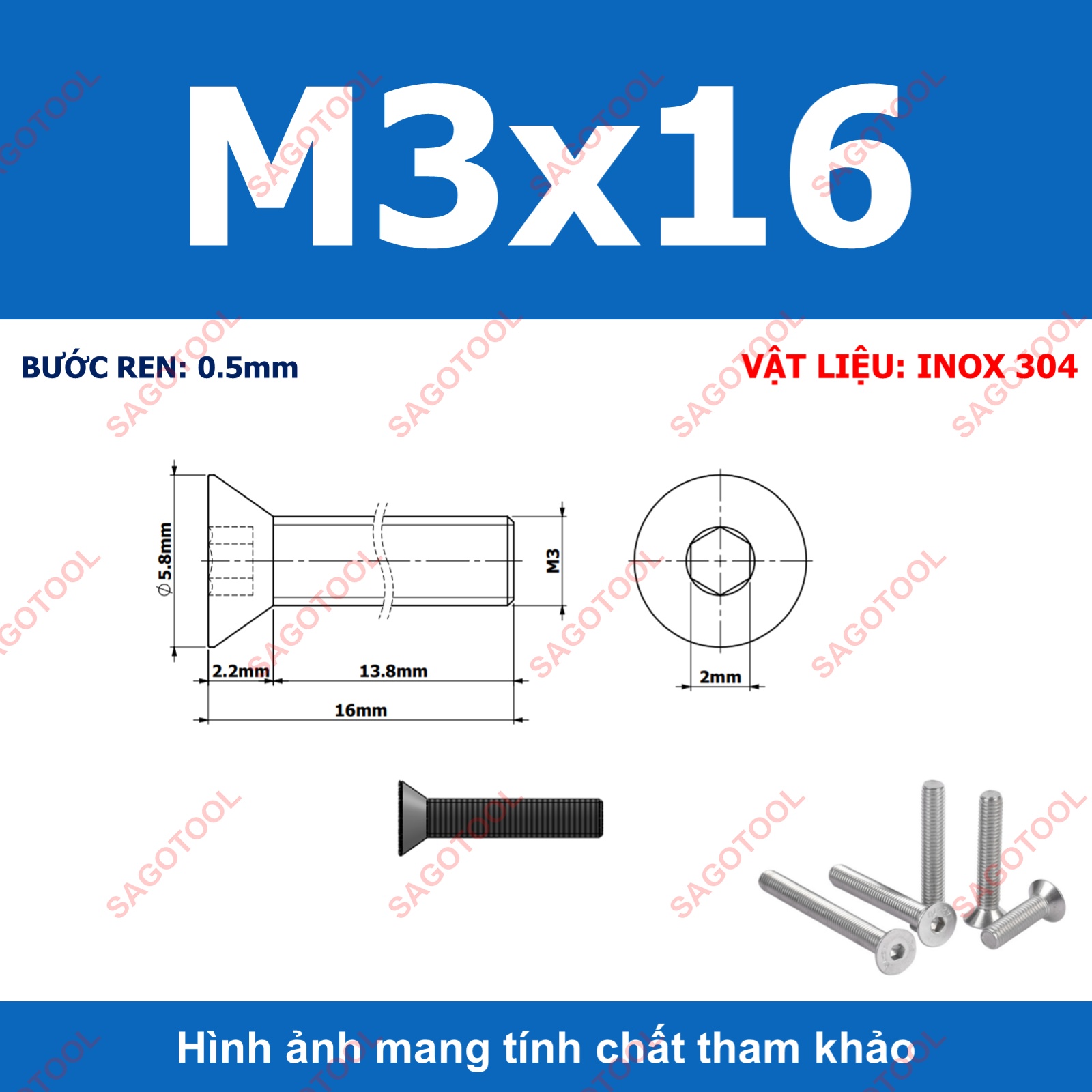Bulong lục giác đầu bằng INOX 304 M3 M4 M5 M6 M8 (10-30 con) - Ảnh 8